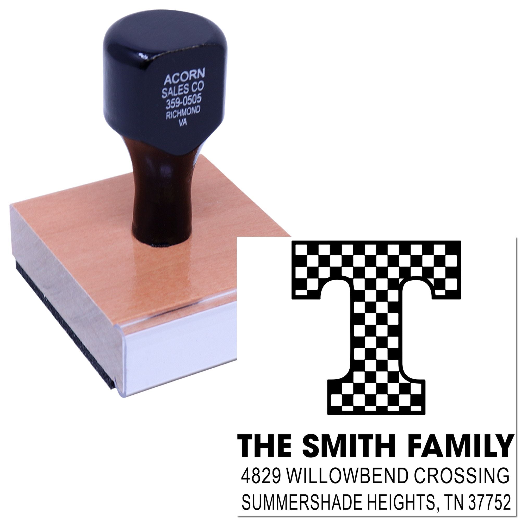 Custom return address rubber stamp with monogram T and family address for envelopes