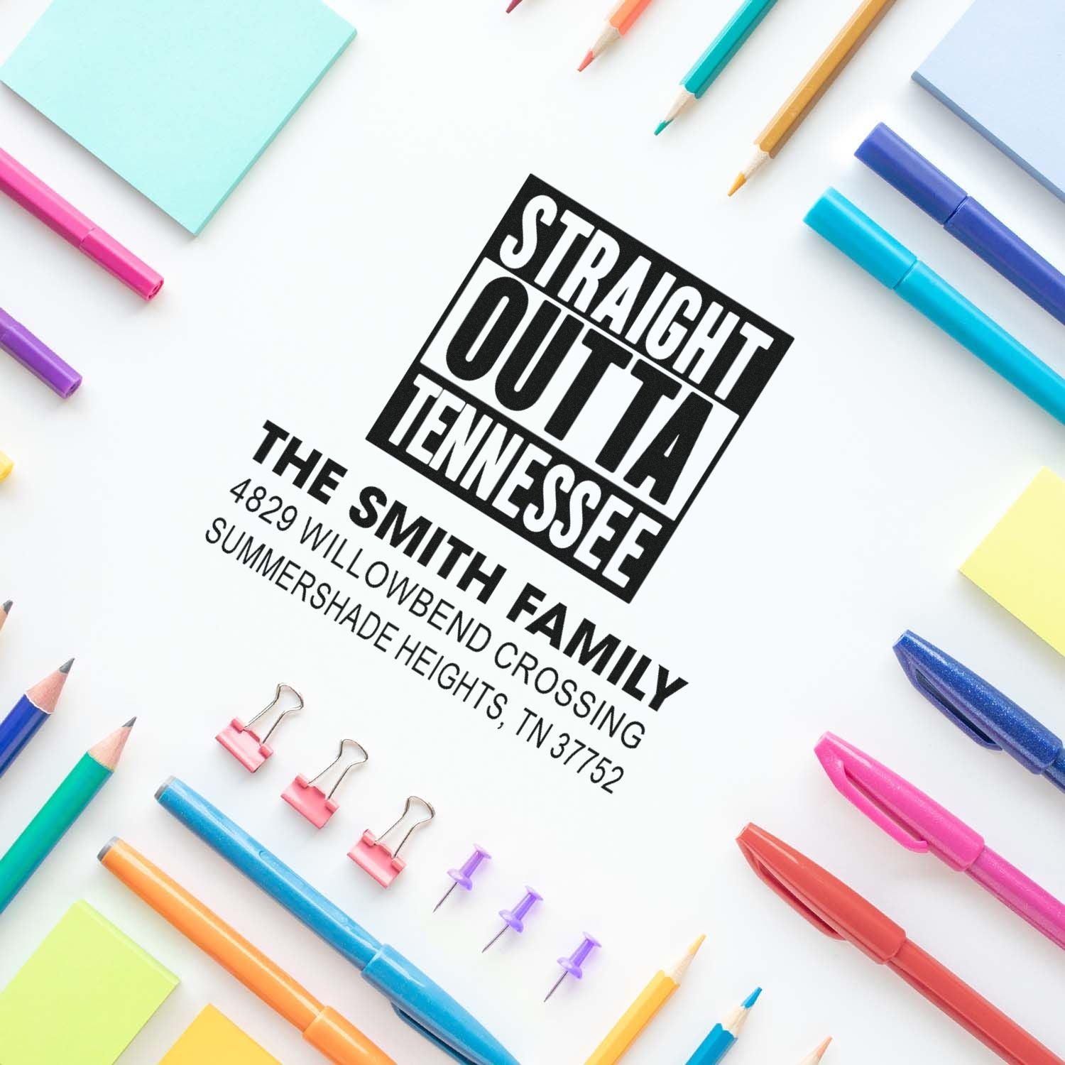 Custom rubber return address stamp with Straight Outta Tennessee design, personalized for Smith family mailing and branding.