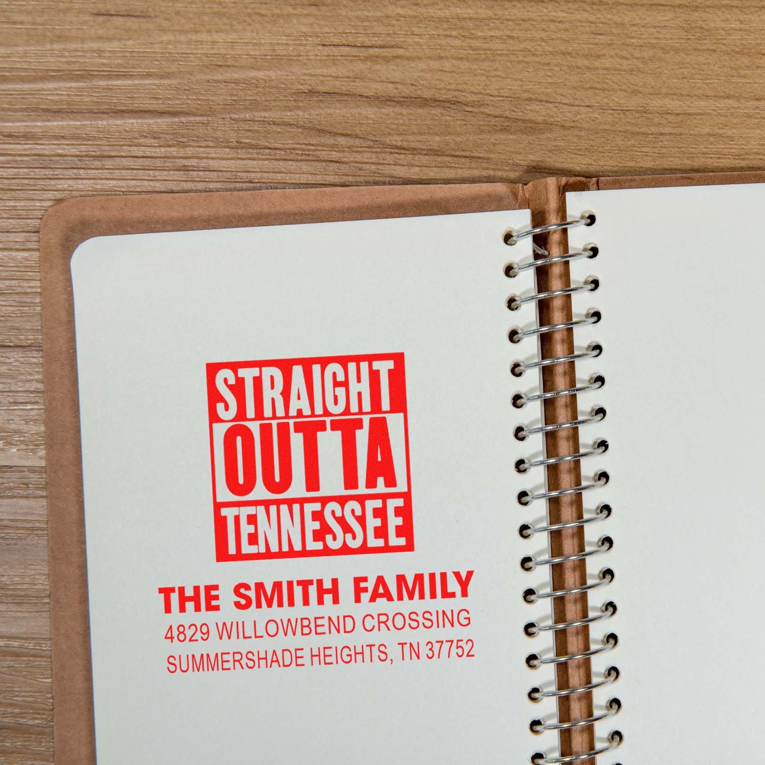 Personalized rubber address stamp with Straight Outta Tennessee design for The Smith Family and home address.