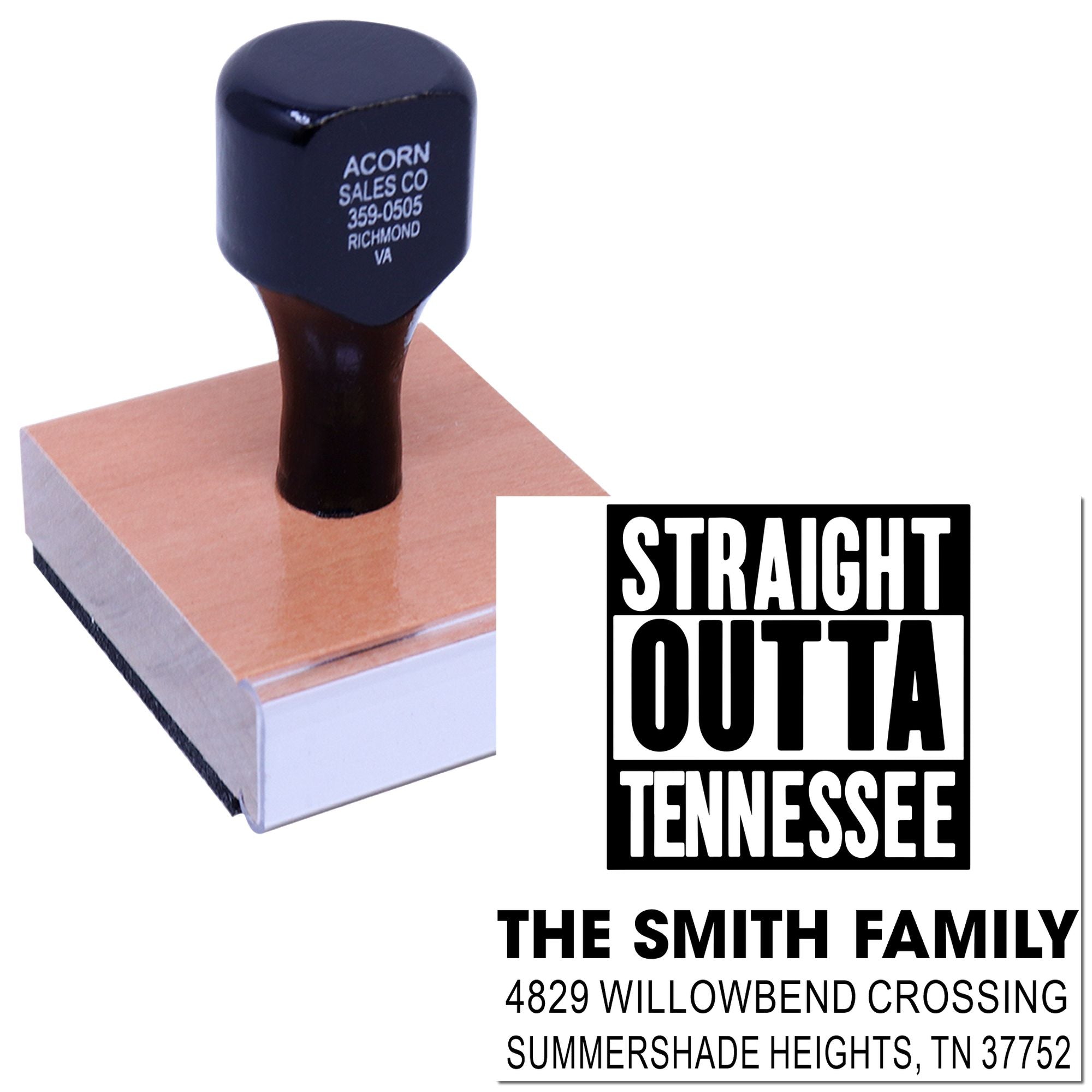 Custom self-inking rubber address stamp with Straight Outta Tennessee design and The Smith Family return address.