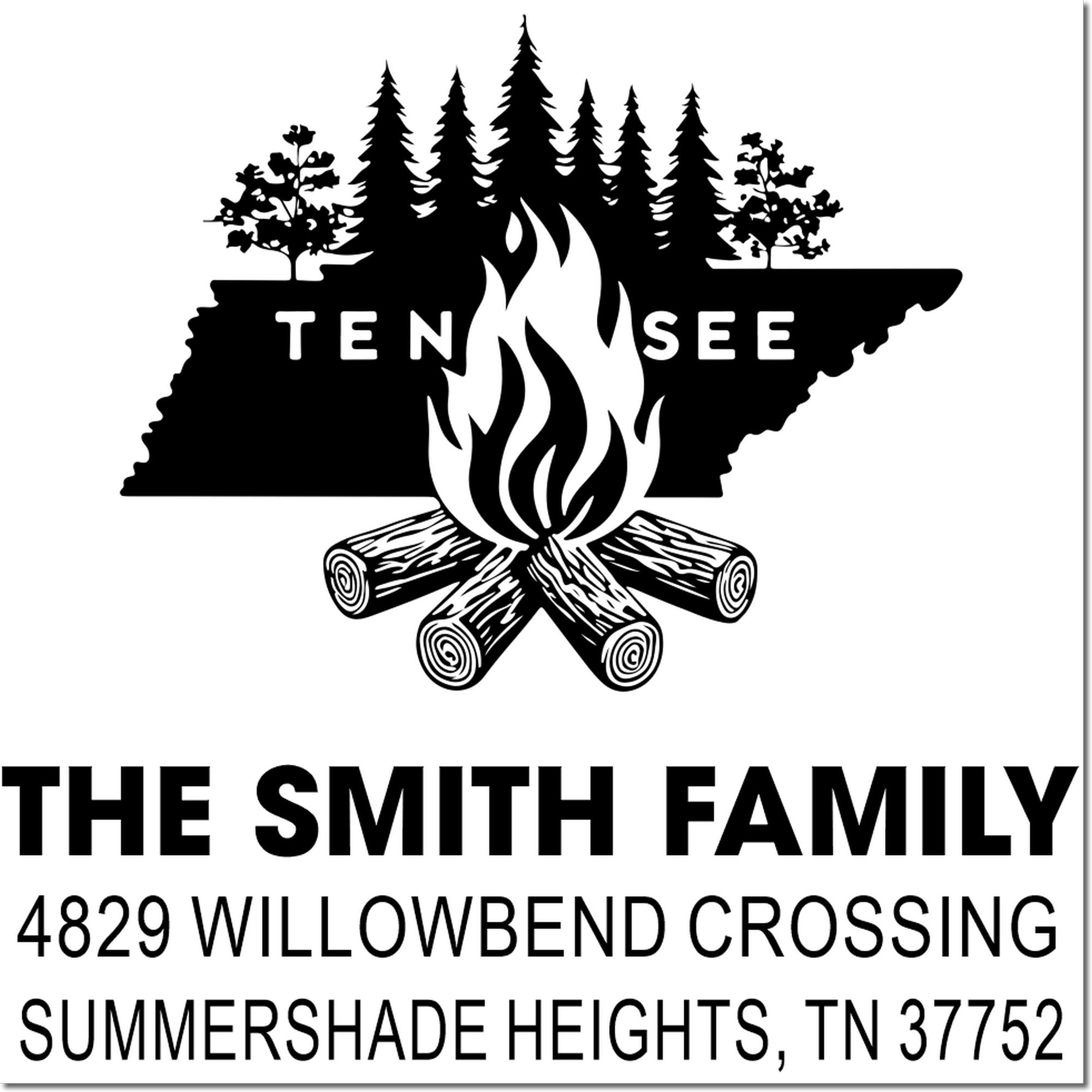Custom Tennessee family return address rubber stamp with campfire and pine tree design for The Smith Family.