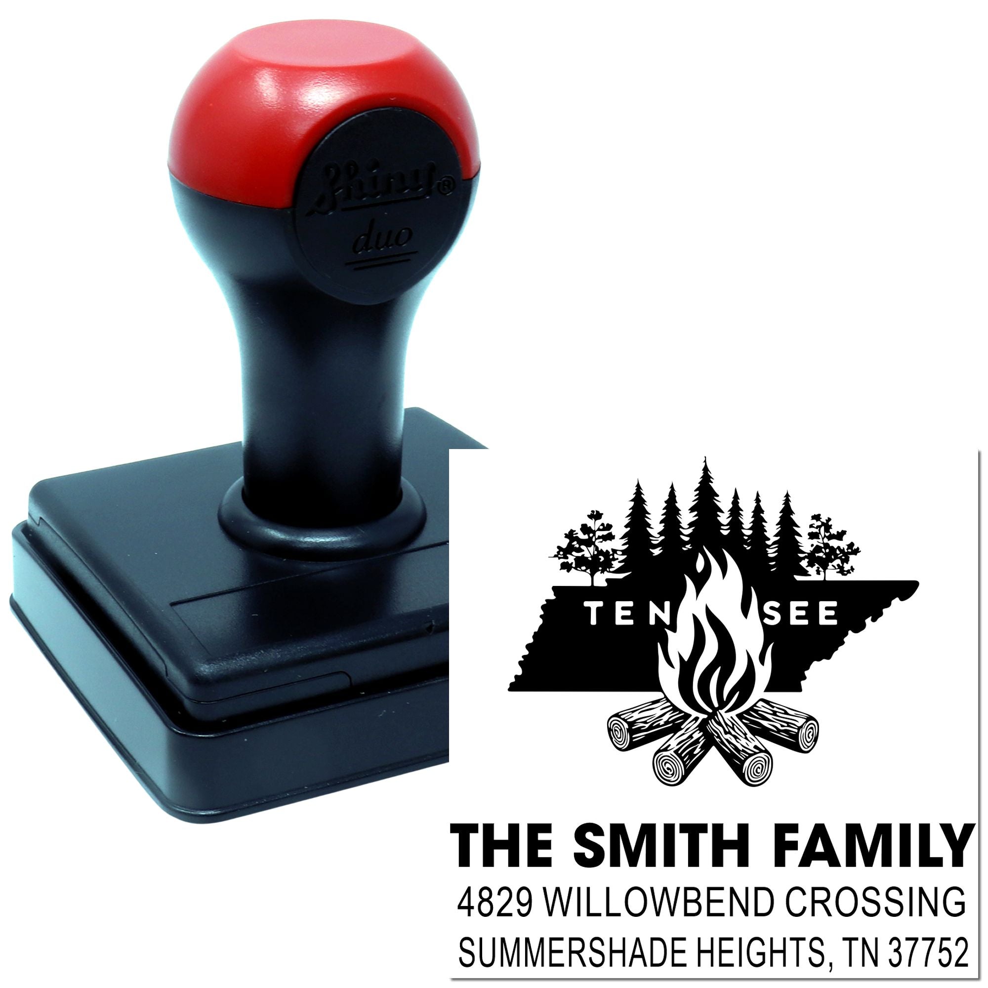Custom self-inking rubber stamp with Tennessee camping design and family return address for The Smith Family.