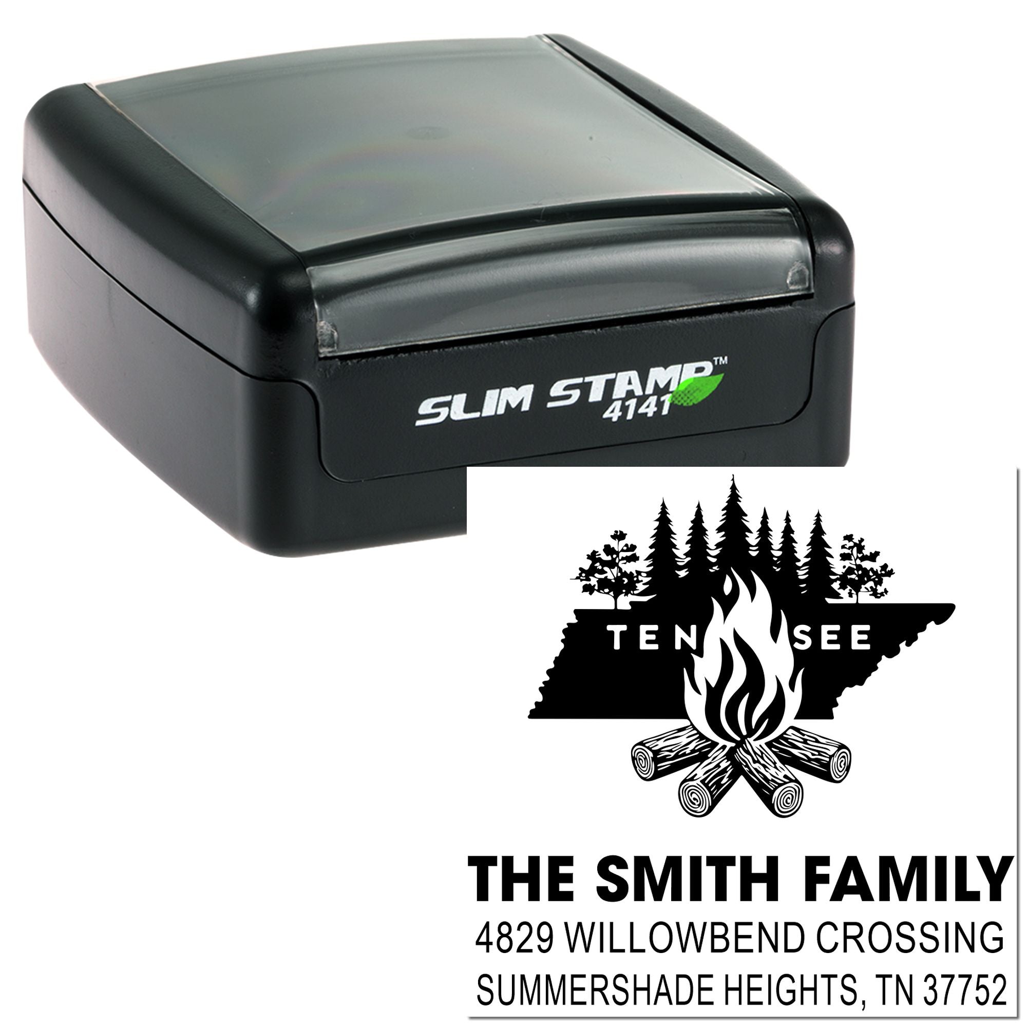 Custom self-inking rubber stamp with Tennessee family address design for personalized mail and home stationery.