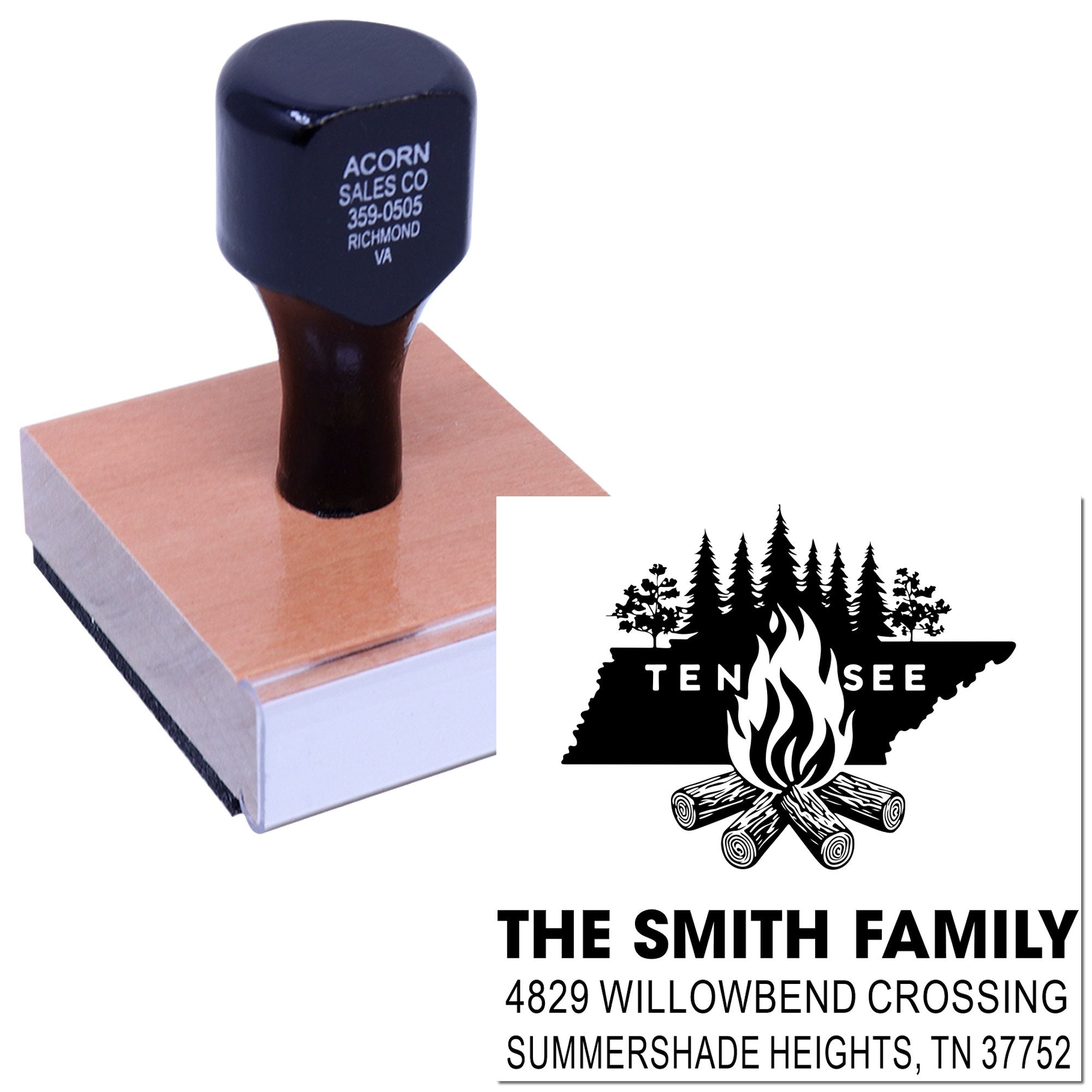 Custom Tennessee family return address rubber stamp with campfire logo and personalized address imprint
