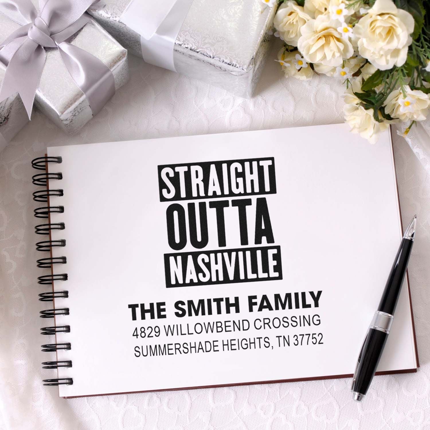 Personalized rubber stamp mockup with Straight Outta Nashville design and Smith family return address stamp.