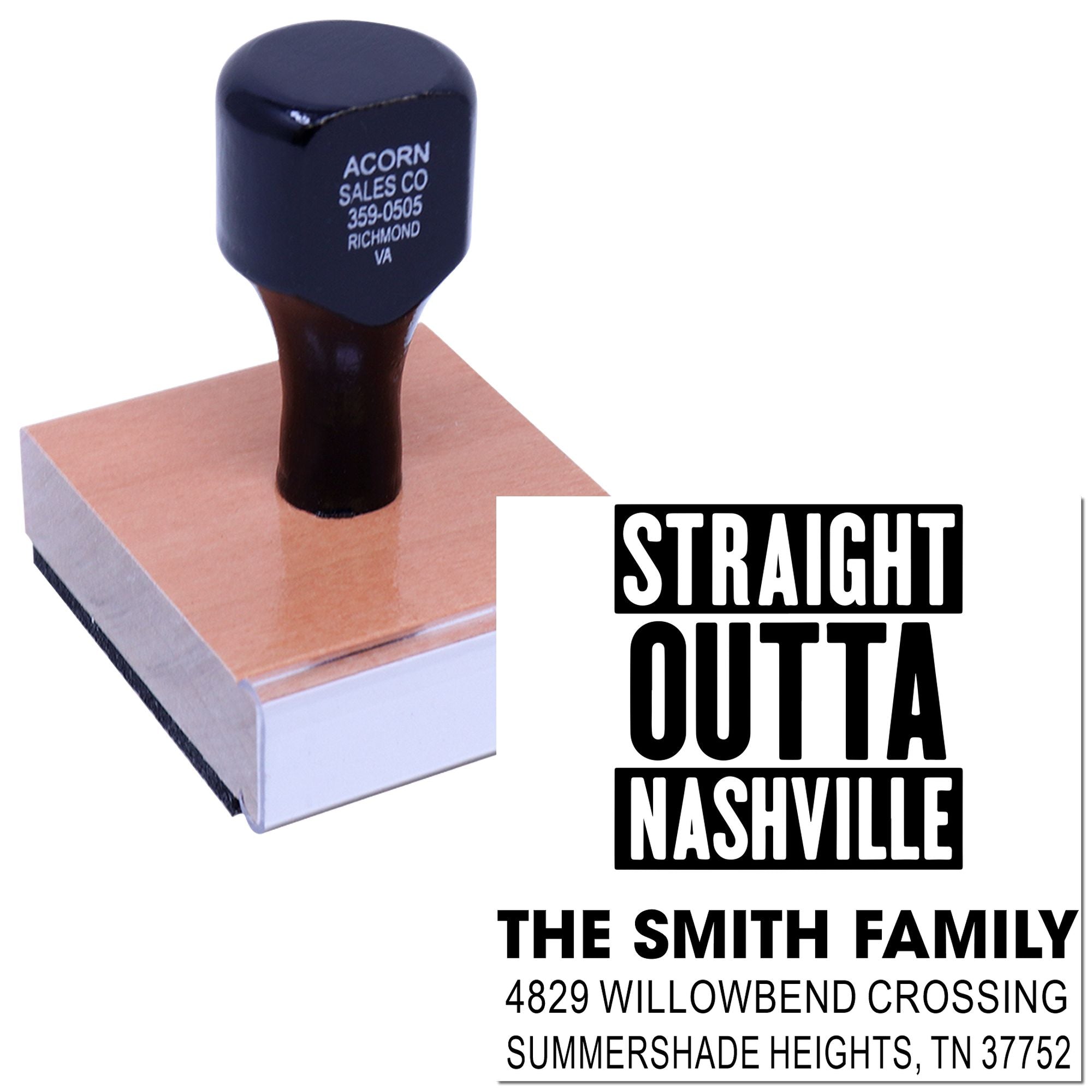 Personalized custom rubber address stamp with Straight Outta Nashville design for The Smith Family.