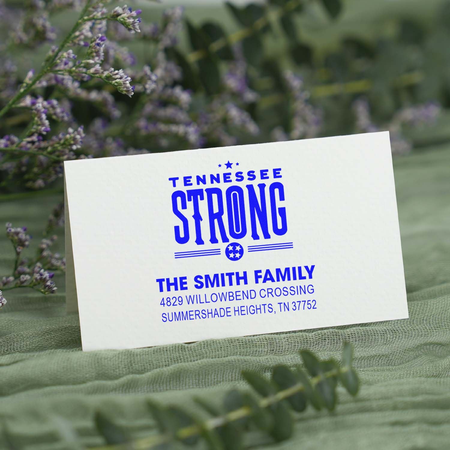 Custom Tennessee Strong return address rubber stamp for The Smith Family in Summershade Heights, TN