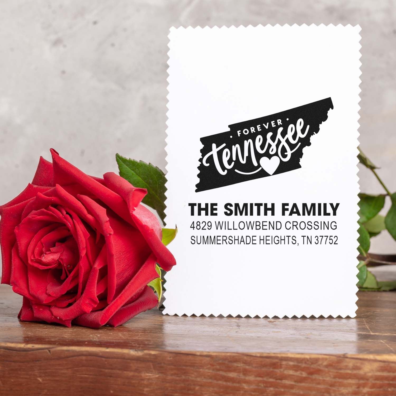 Custom Tennessee return address rubber stamp with Forever Tennessee logo and The Smith Family address design.