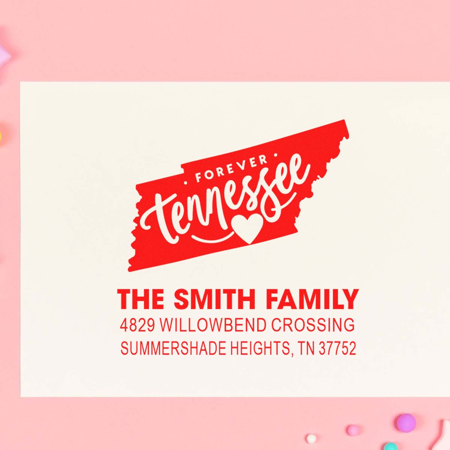Custom Tennessee address rubber stamp for The Smith Family, featuring Forever Tennessee and Summershade Heights, TN 37752