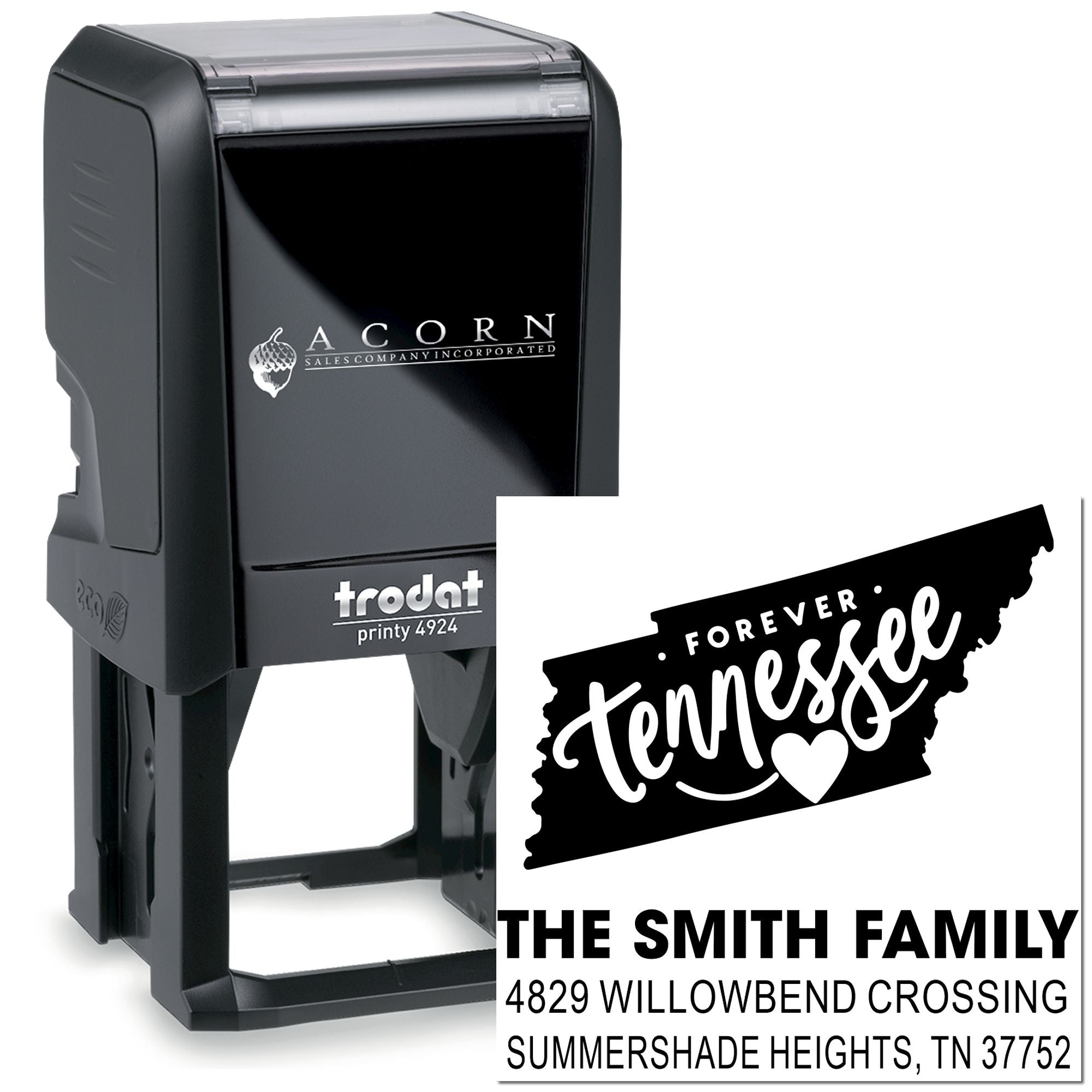 Trodat Printy 4924 custom self-inking rubber stamp with Tennessee design and Smith family return address.