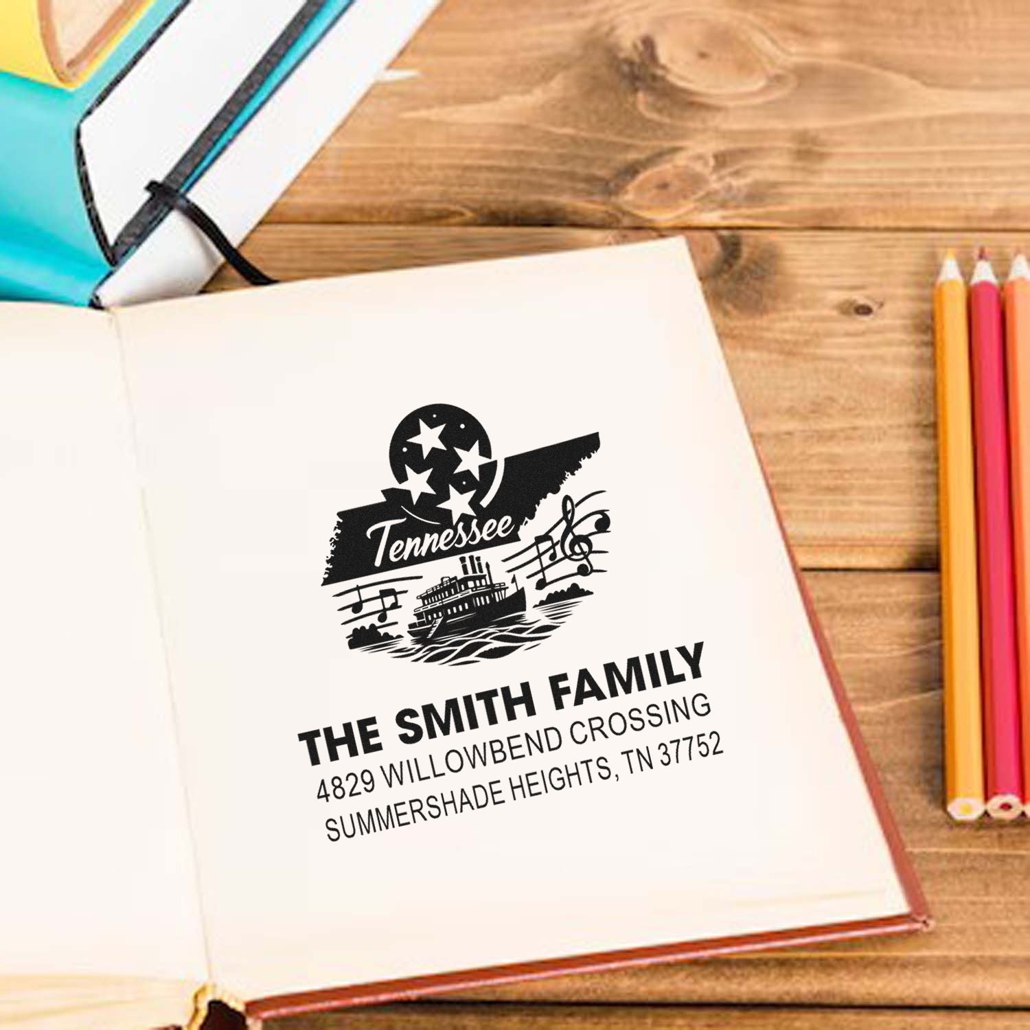 Custom Tennessee family return address rubber stamp with personalized name, address, and state design for stationery.