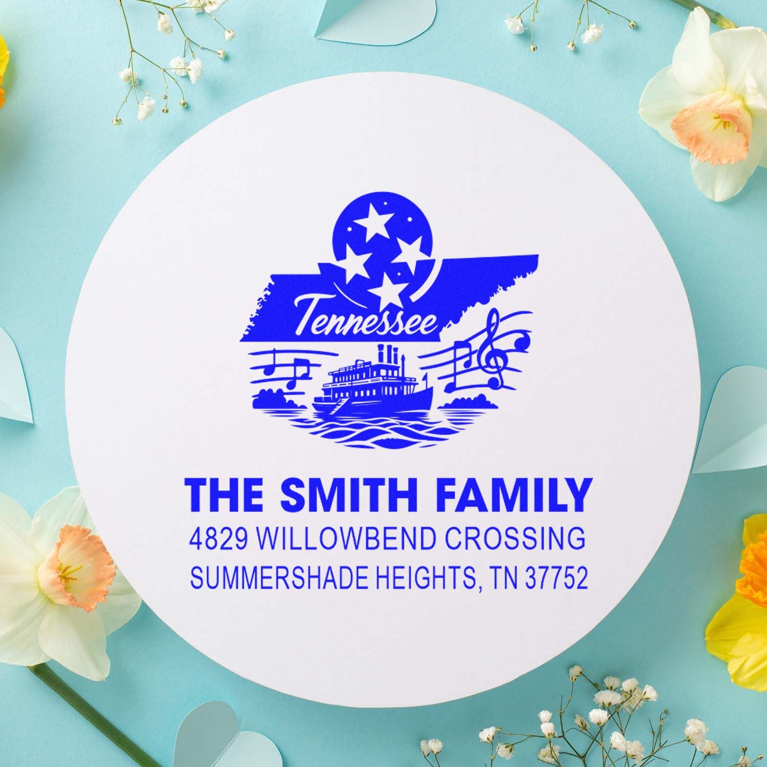Custom Tennessee address rubber stamp for The Smith Family with state silhouette, music notes, and riverboat design