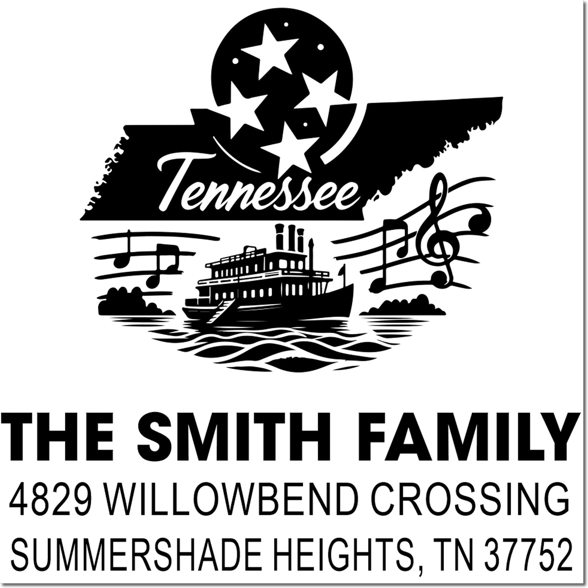 Custom Tennessee family address rubber stamp with state silhouette, steamboat, music notes, and Smith family address.