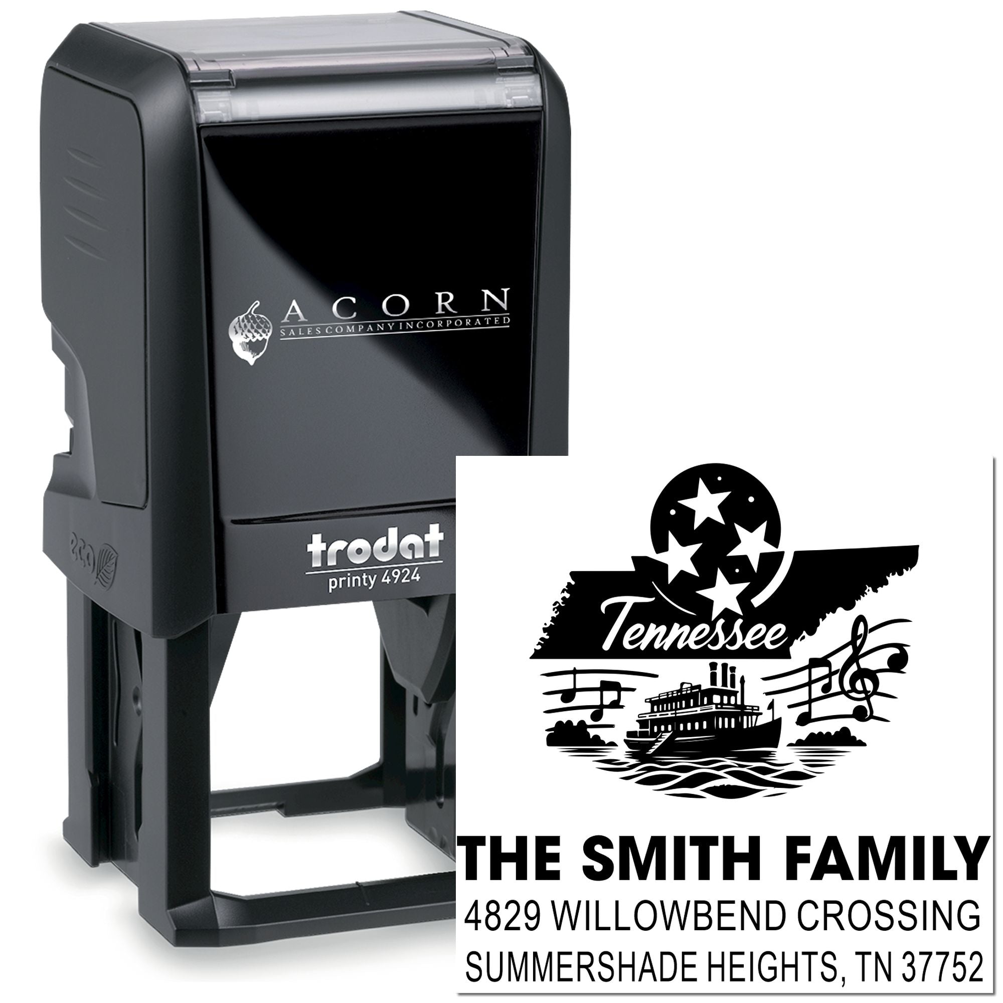 Custom self-inking rubber address stamp with Tennessee family design, Trodat Printy 4924 personalized for The Smith Family.