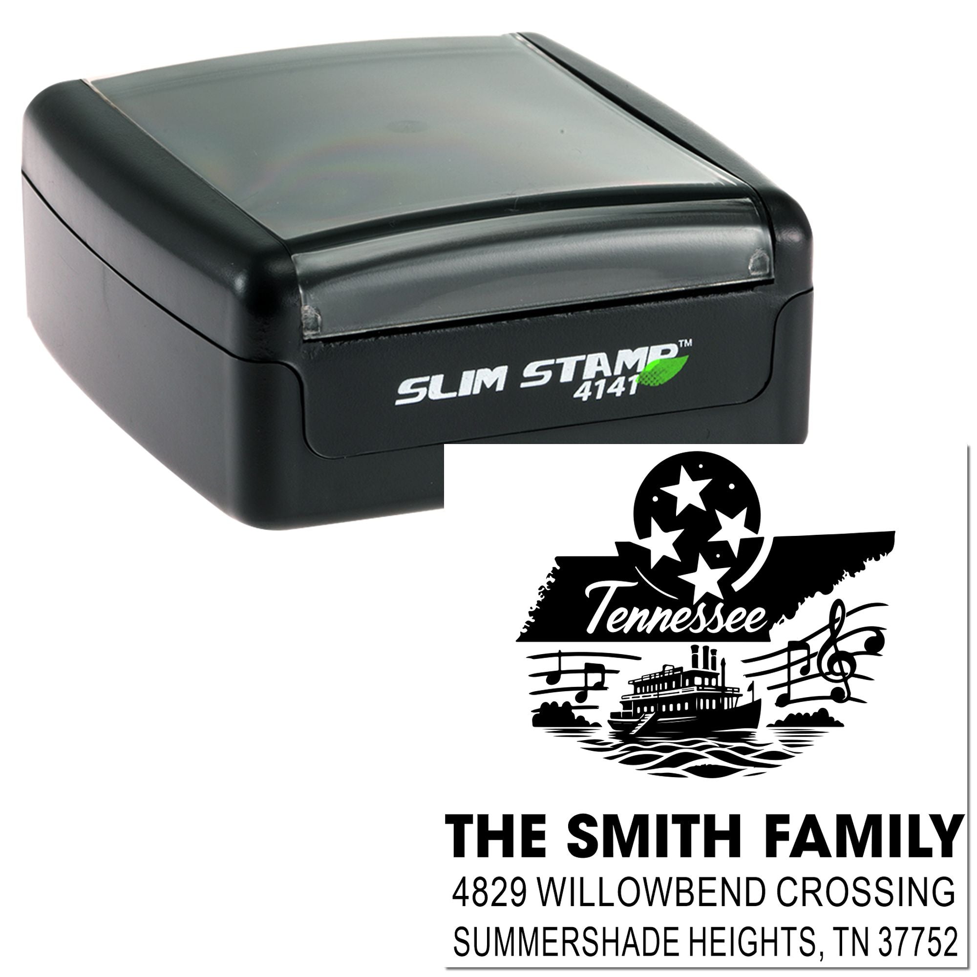 Slim Stamp 4141 self-inking rubber stamp with custom Tennessee family address design for personalized mailing.