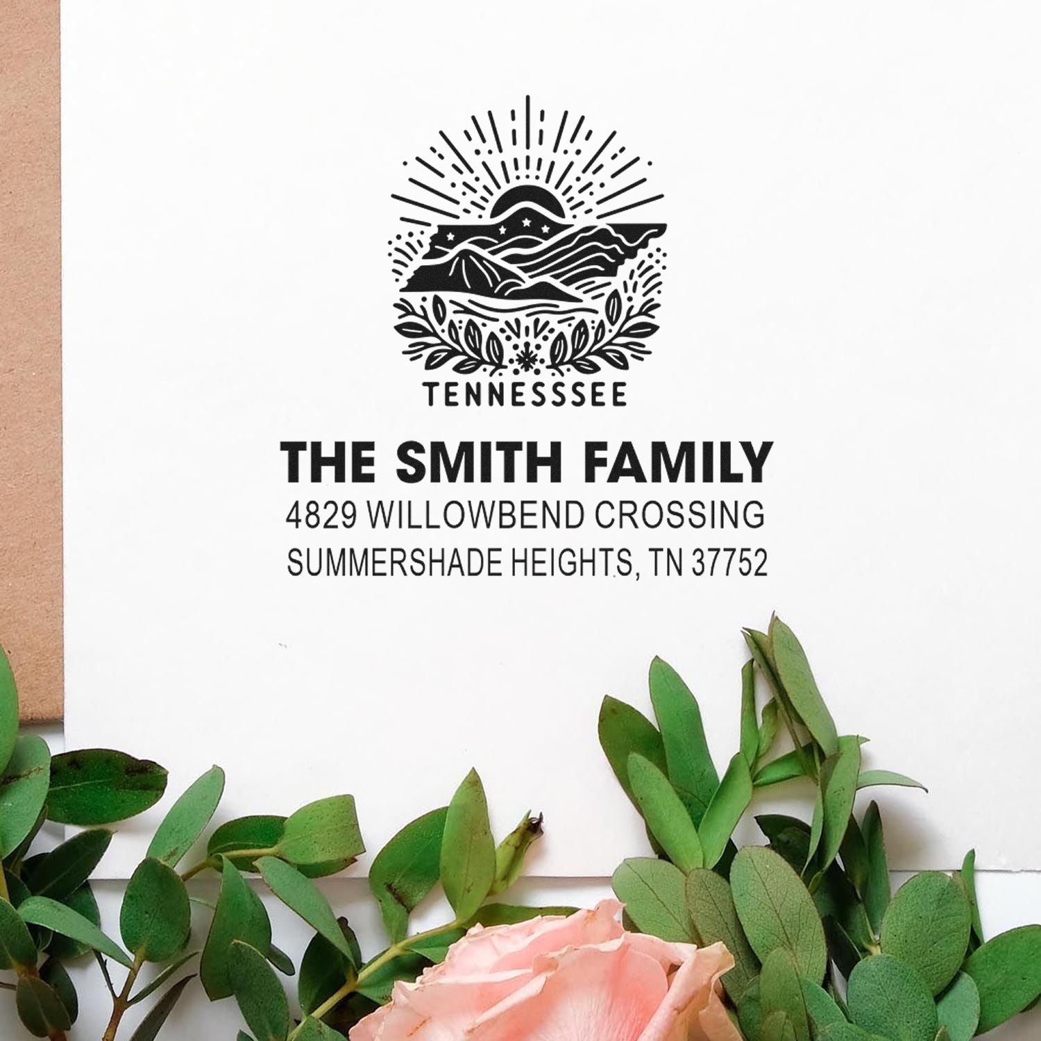 Custom Tennessee return address rubber stamp for The Smith Family with mountain design and mailing address.