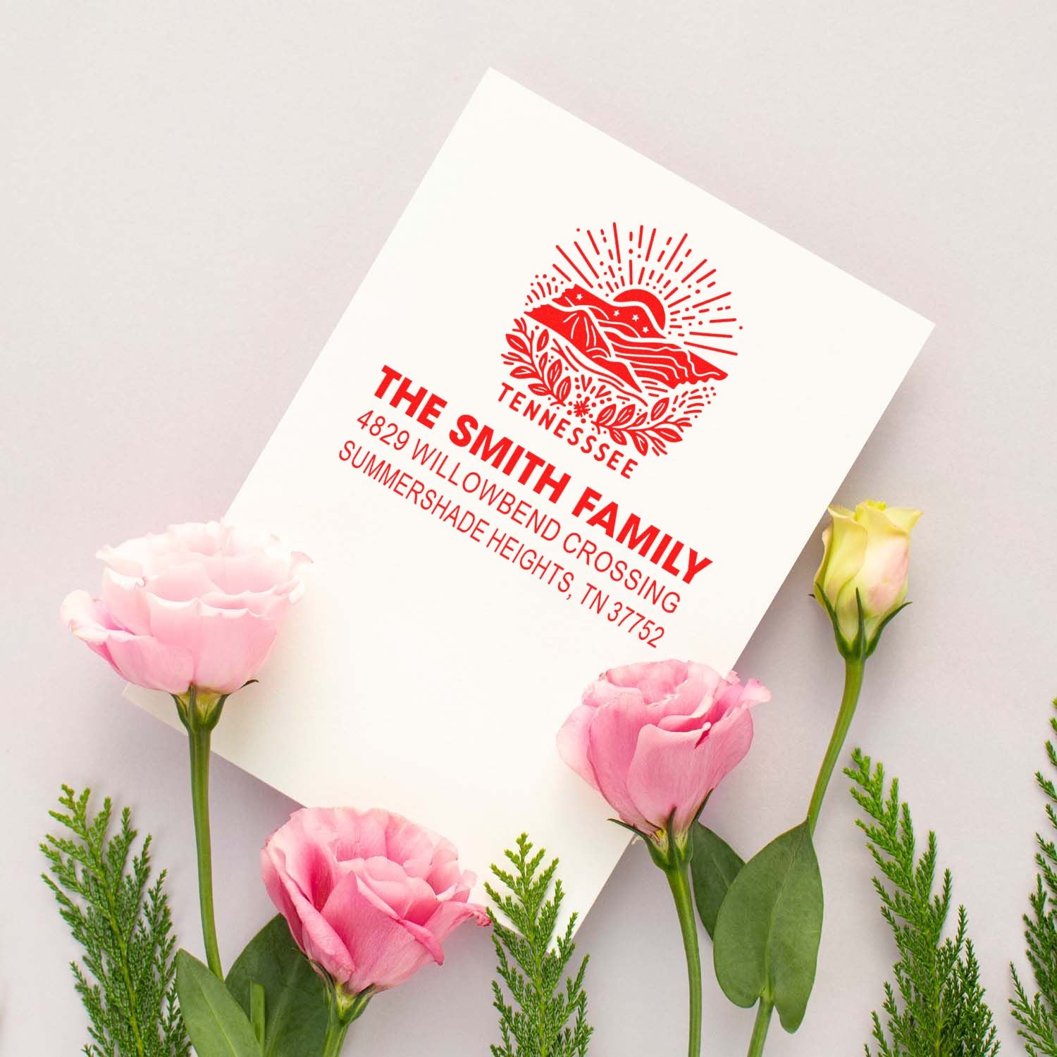 Personalized family address rubber stamp with Tennessee mountain logo, used on stationery for The Smith Family.