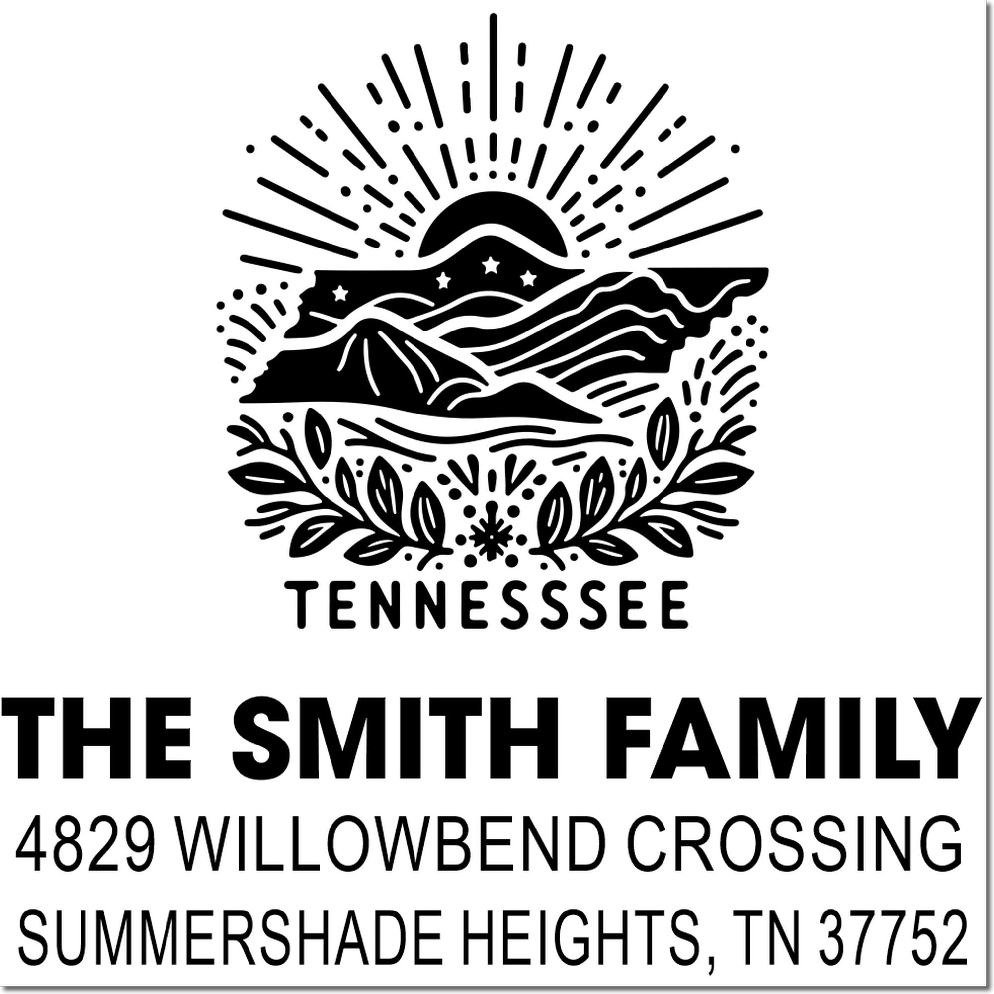 Tennessee family return address rubber stamp with mountain graphic, The Smith Family, 4829 Willowbend Crossing, Summershade Heights, TN 37752