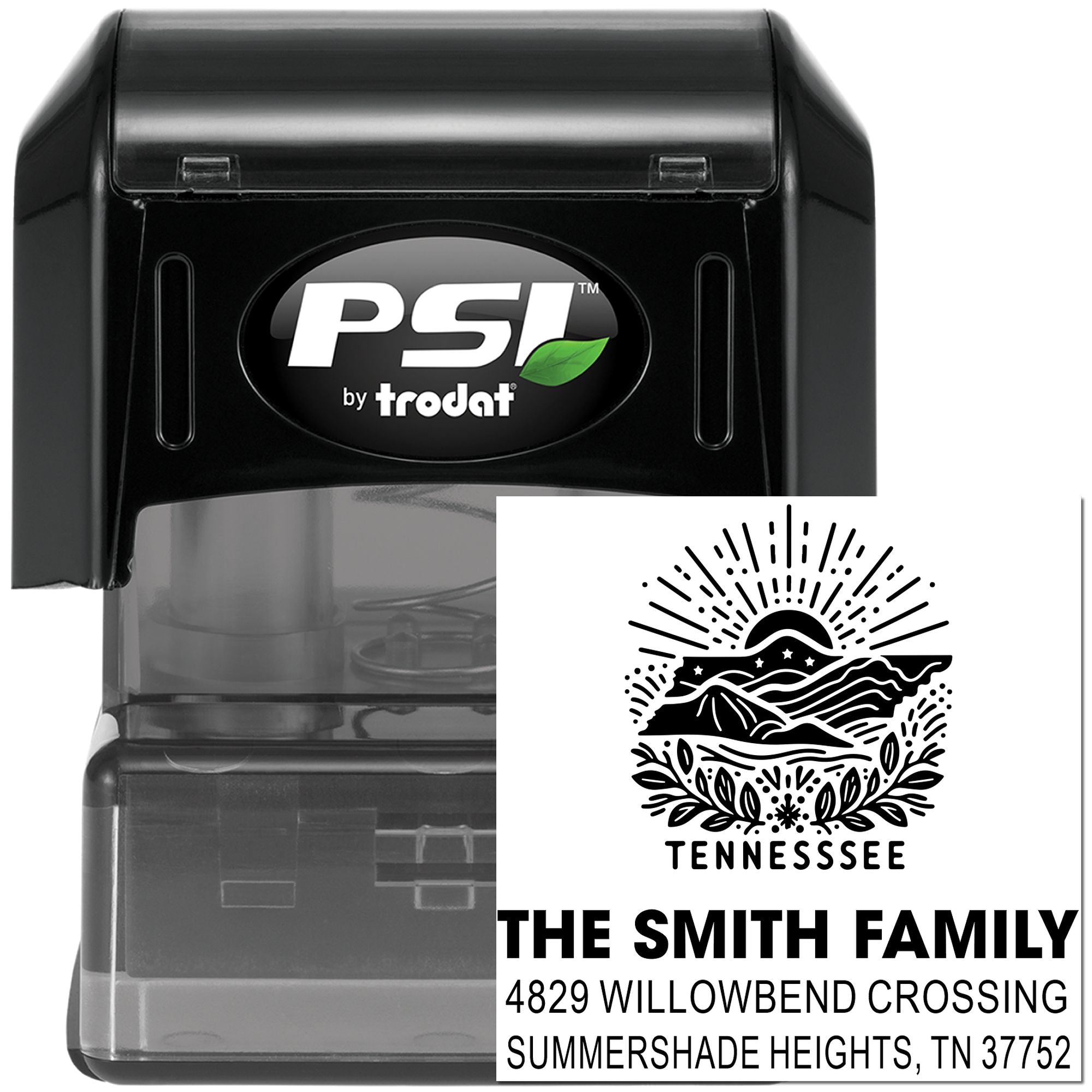 Custom self-inking rubber return address stamp with Tennessee design, PSI by Trodat, for family mail and envelopes.
