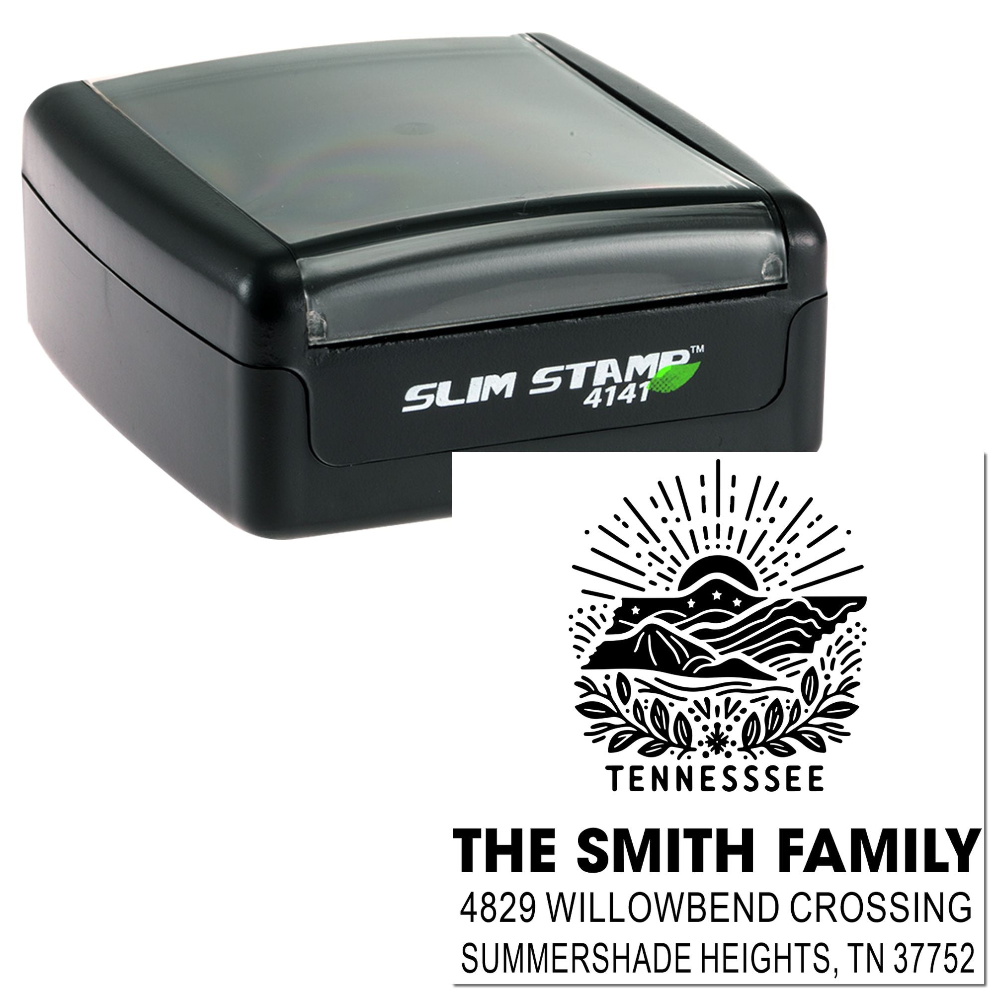 Slim Stamp 4141 custom self-inking rubber address stamp with Tennessee design for The Smith Family return address.