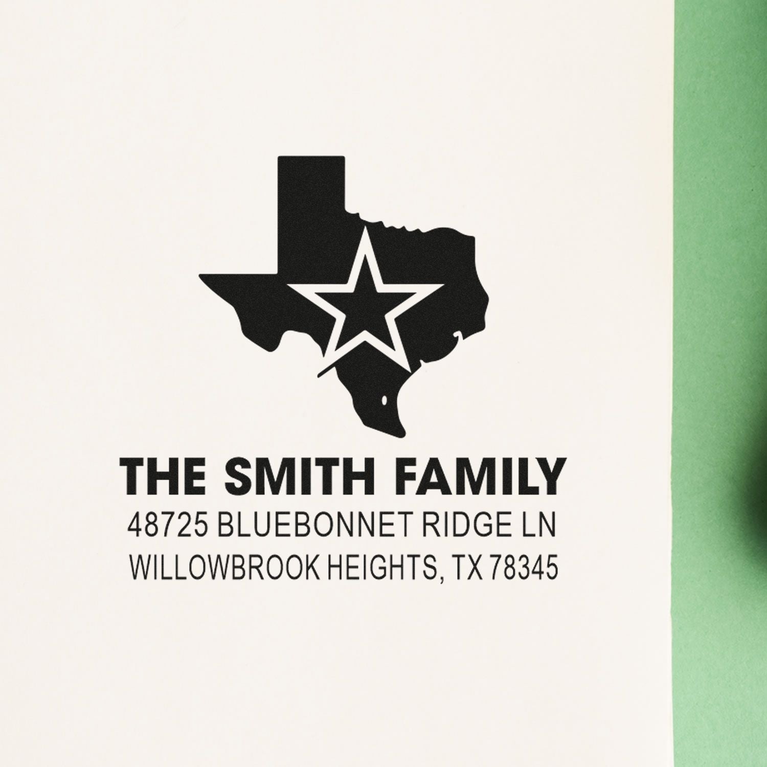 Custom Texas family rubber address stamp with state silhouette and star, featuring The Smith Family mailing address.