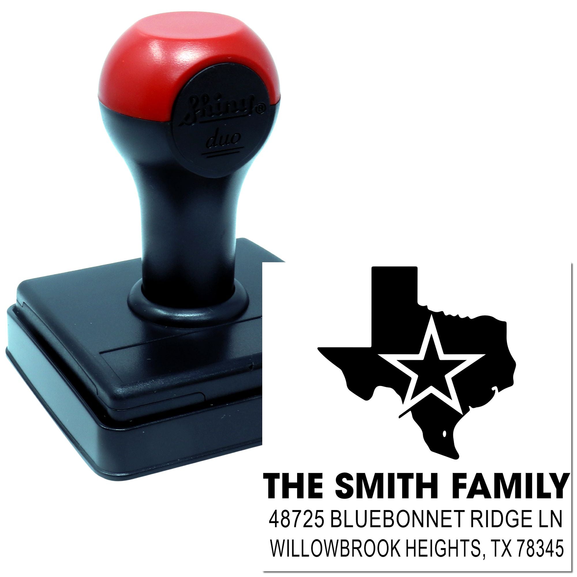 Custom Texas return address rubber stamp with family name, street address, and state silhouette.