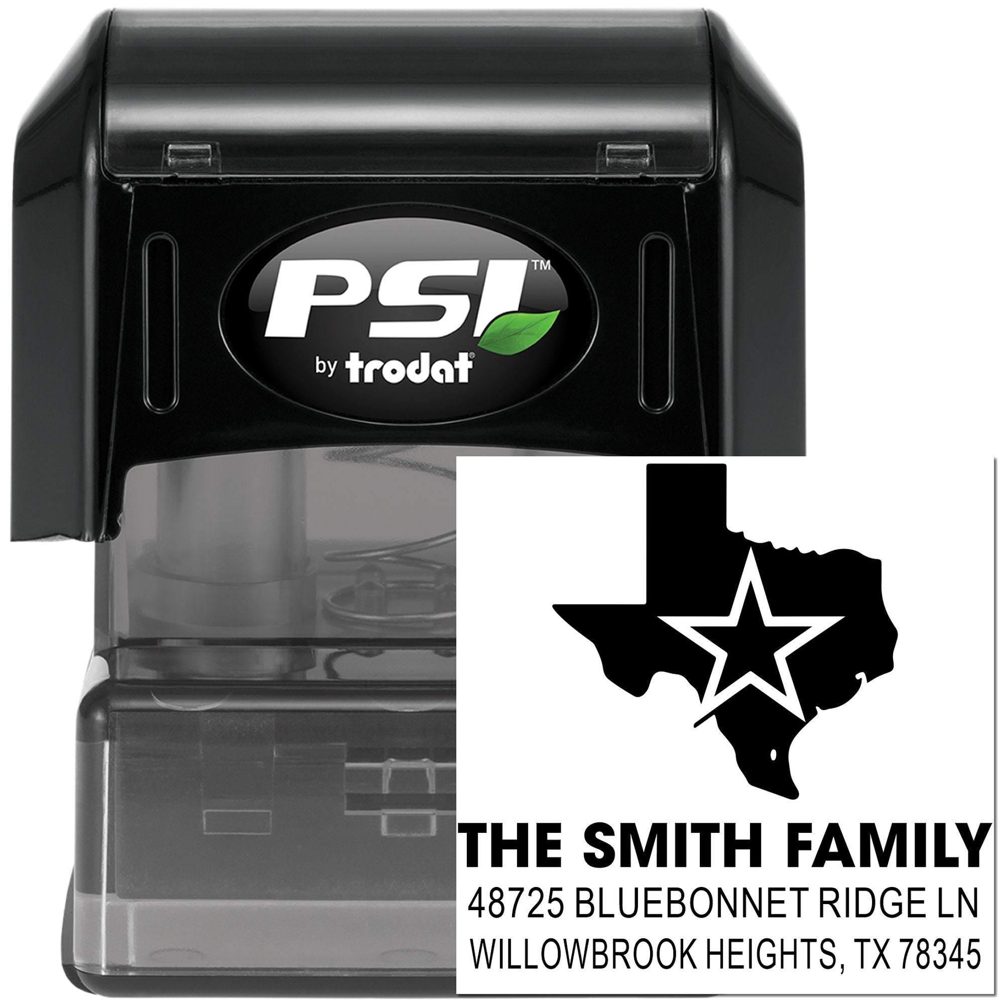 PSI by Trodat self-inking custom address rubber stamp with Texas family return address design