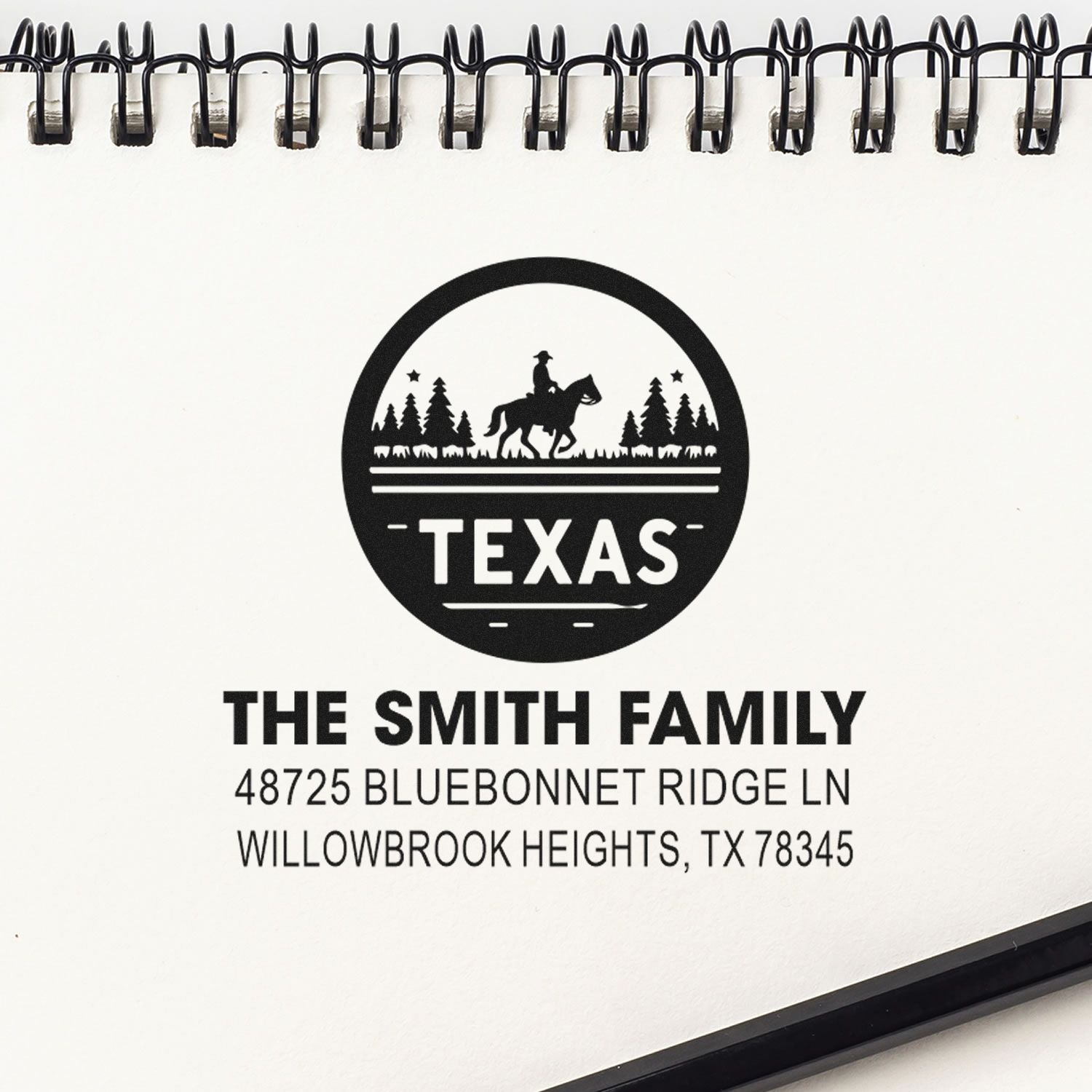 Custom Texas rubber stamp with cowboy and trees design, featuring The Smith Family address for personalized return mail.