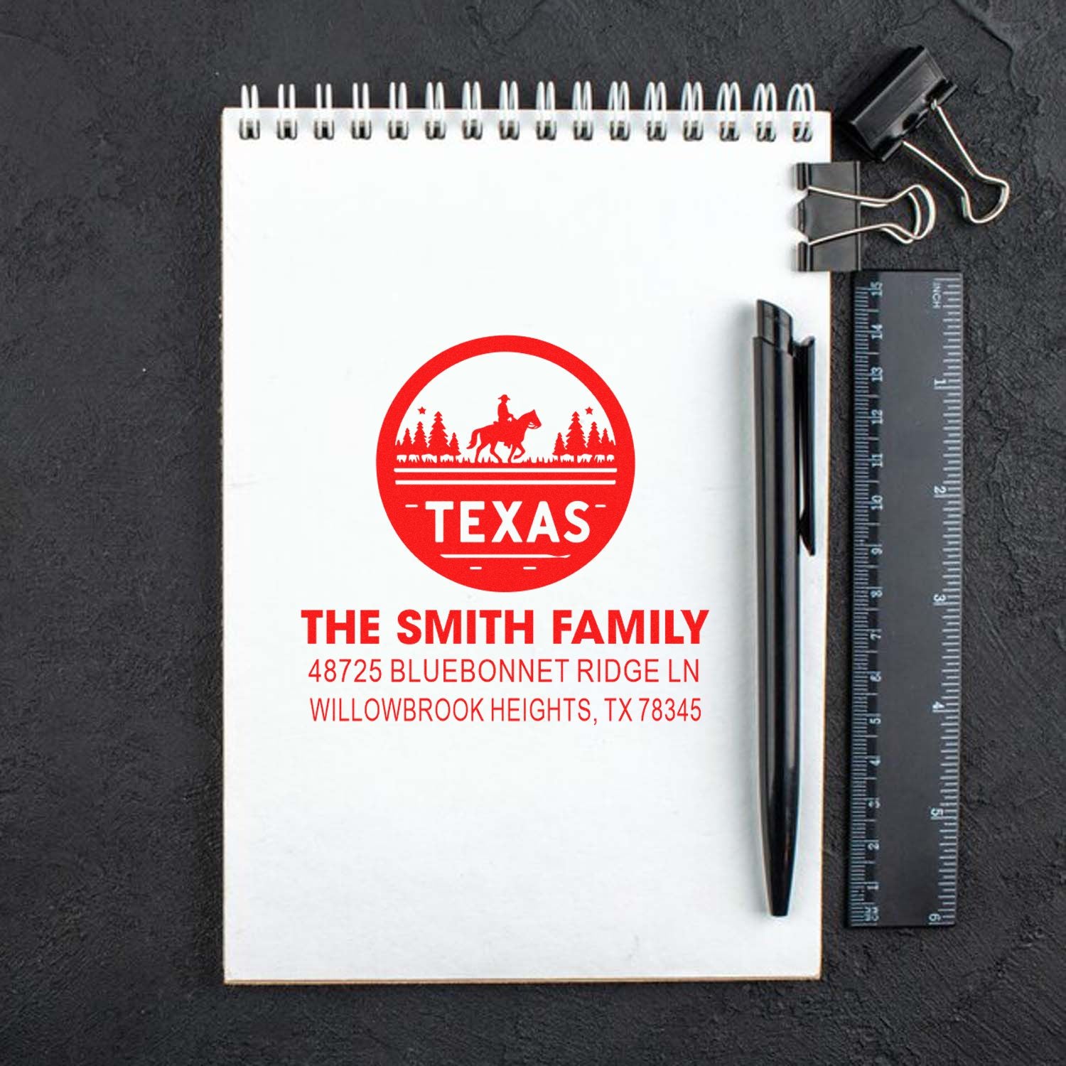 Custom Texas return address rubber stamp for The Smith Family with cowboy silhouette and address.