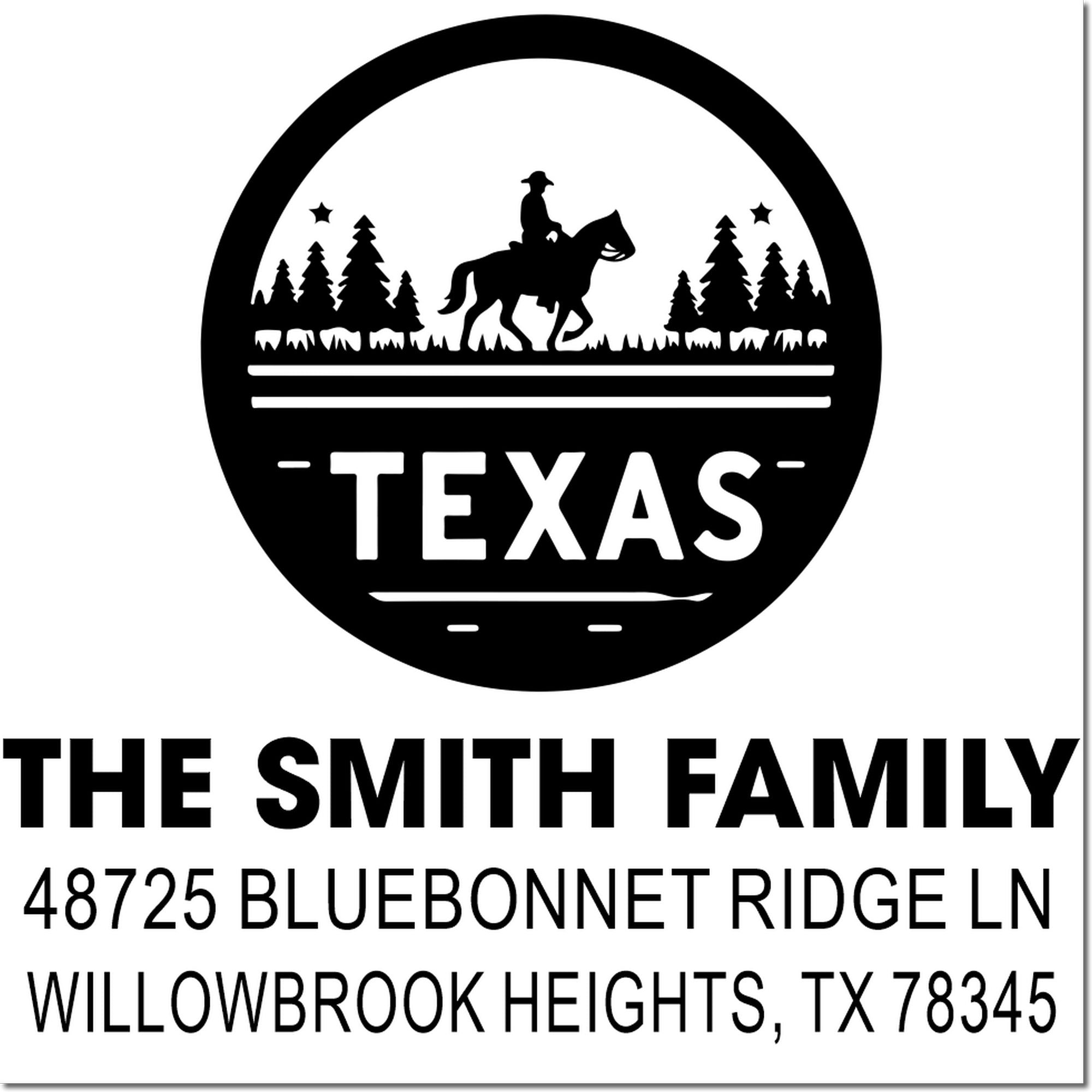 Custom Texas rubber stamp with cowboy on horseback, pine trees, and personalized family name and address.