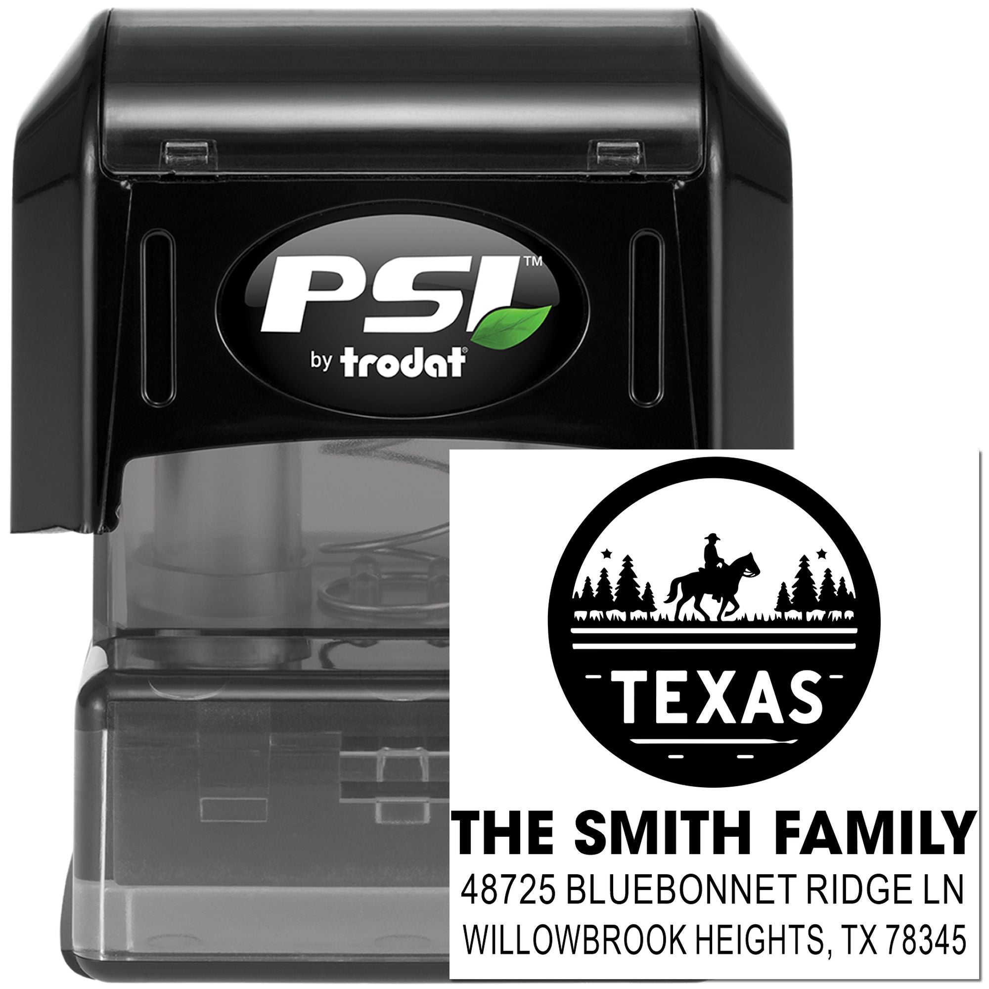 PSI by Trodat self-inking custom rubber address stamp with Texas family return address design