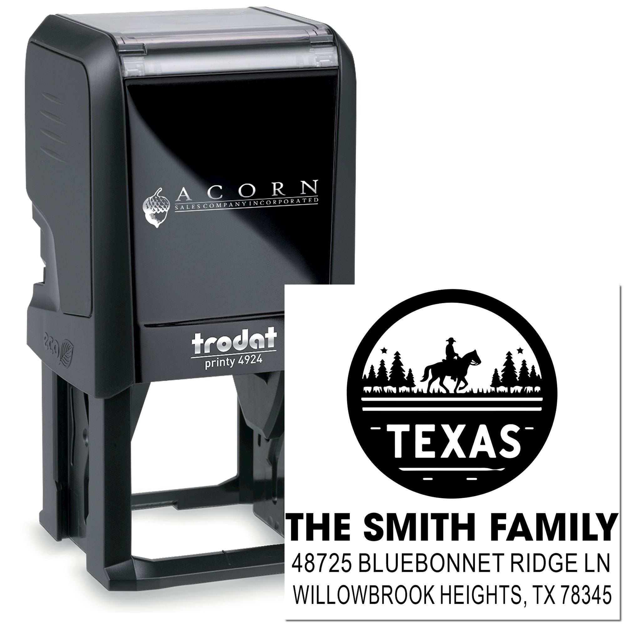 Custom self-inking rubber stamp with Texas family address design for personalized return address and mailing use.