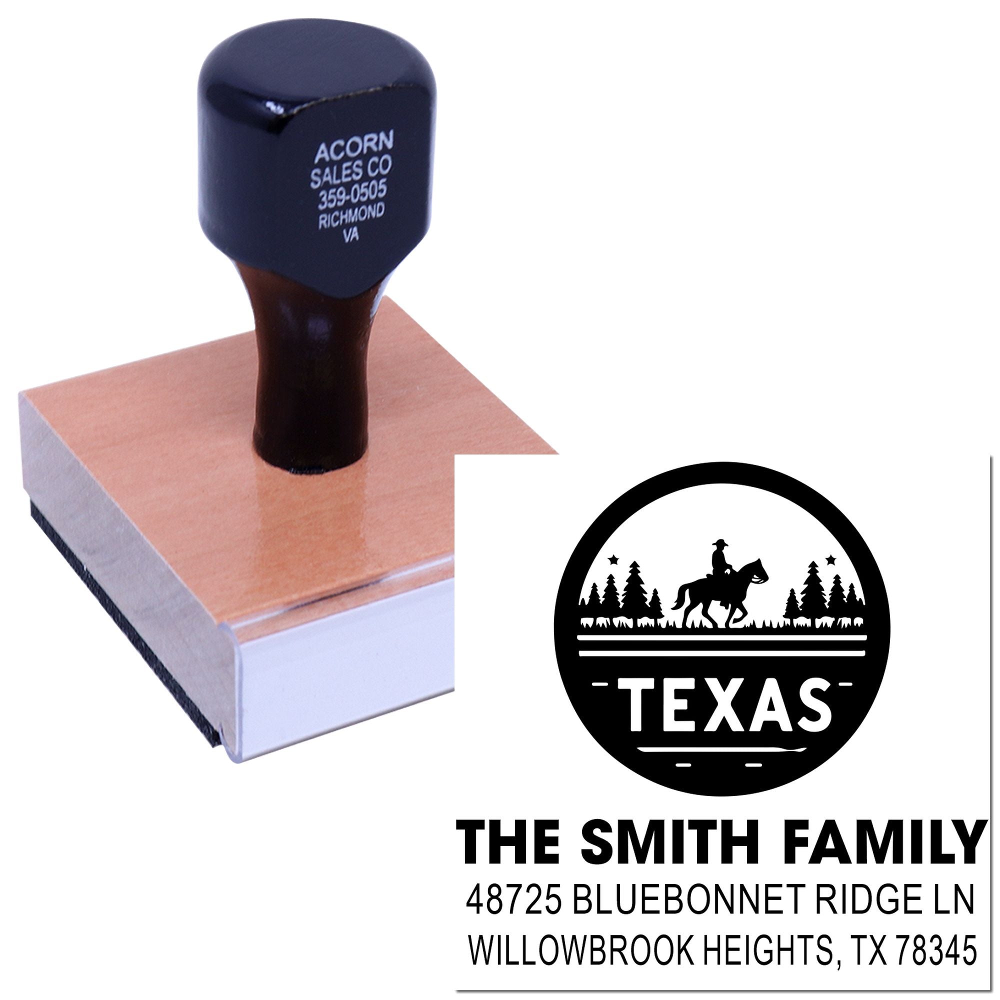 Custom Texas family address rubber stamp with ranch logo for personalized return-address mailing