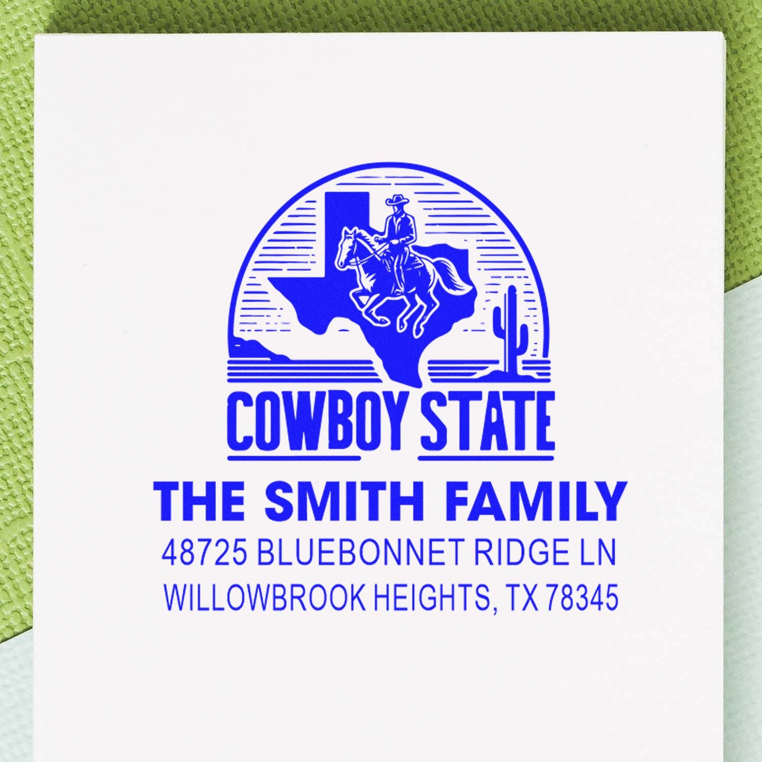 Custom Texas return address rubber stamp with cowboy state design for The Smith Family, Willowbrook Heights, TX.