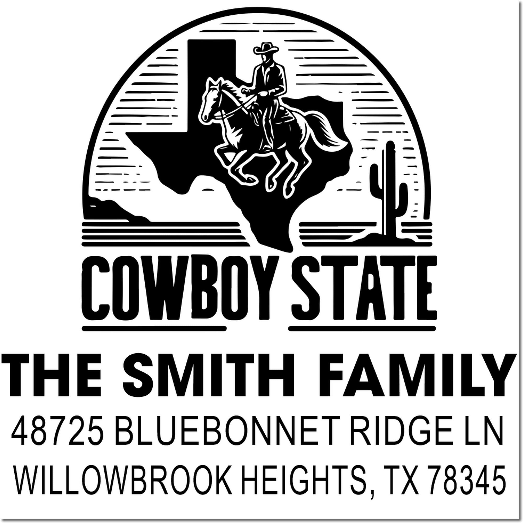 Custom Texas cowboy family return address stamp with horse rider, cactus, and The Smith Family, Willowbrook Heights, TX 78345.