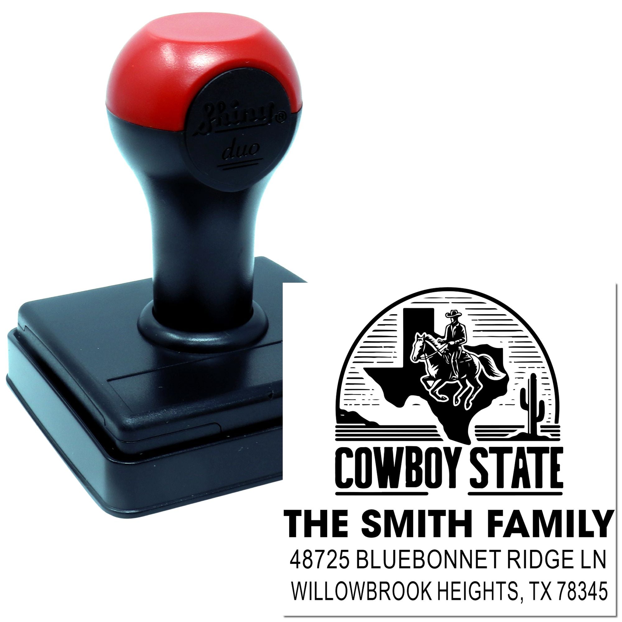 Custom self-inking rubber stamp with Cowboy State family return address design for personalized mailing and branding.