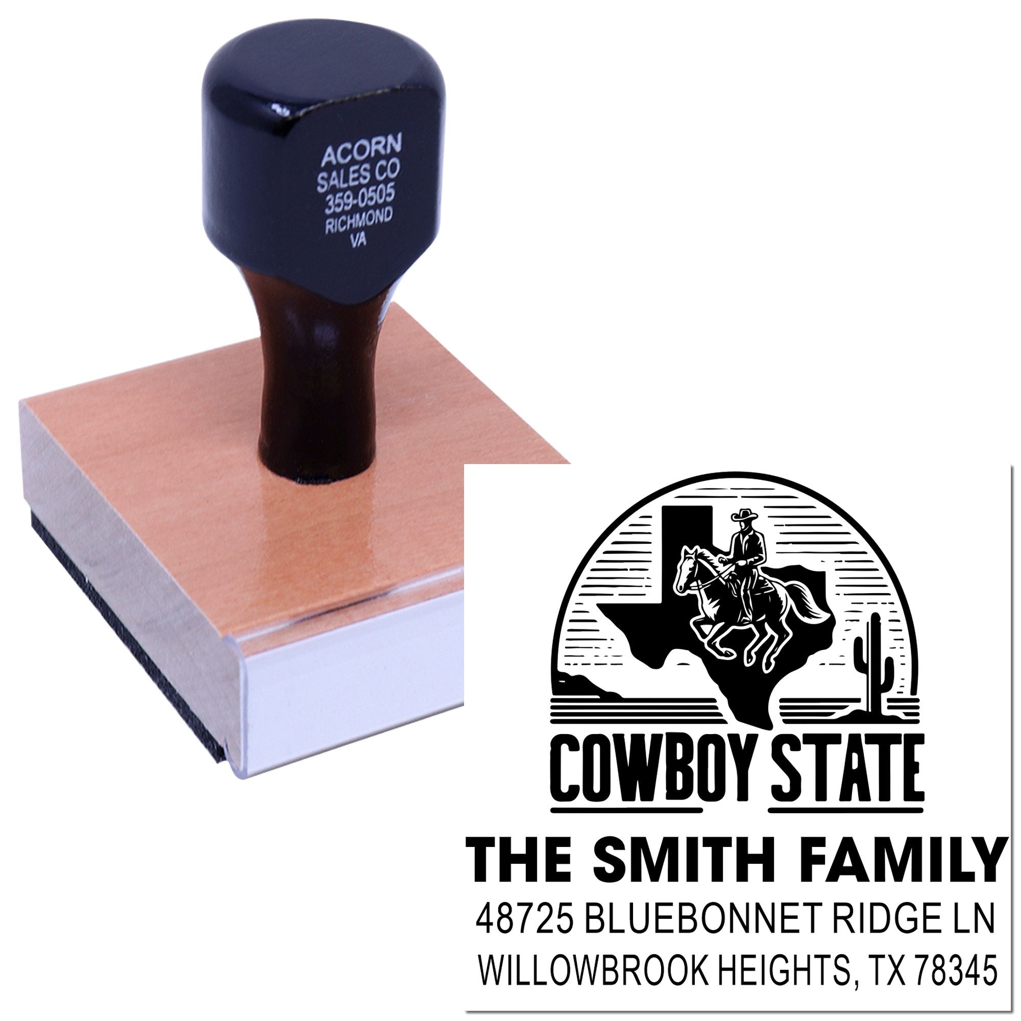 Custom return address rubber stamp with Texas cowboy state design for family mail, envelopes, and personal correspondence.