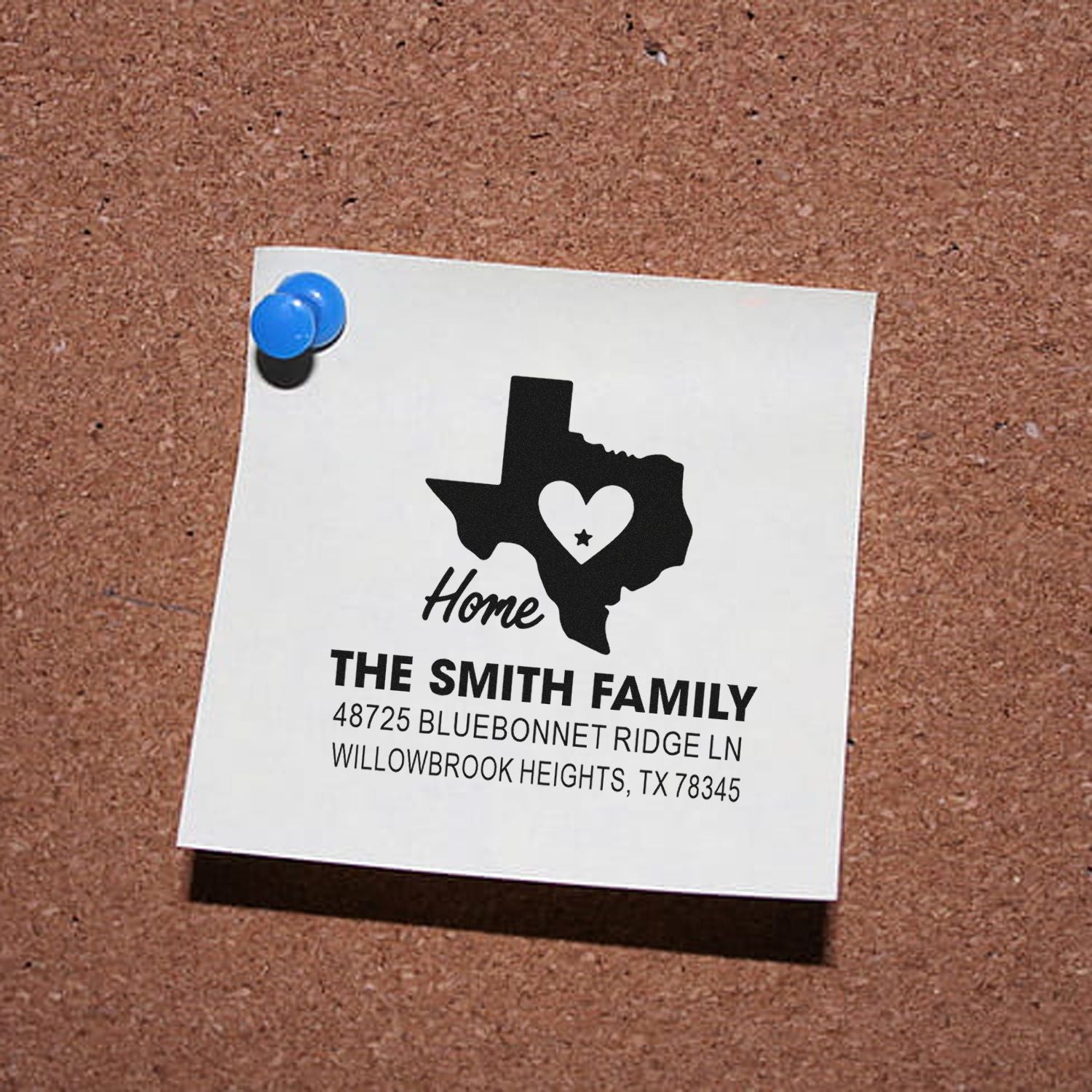Personalized Texas home address rubber stamp for The Smith Family with custom return address.