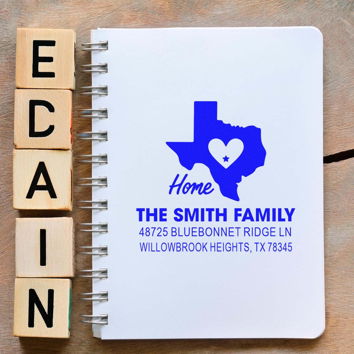 Custom Texas return address rubber stamp with home icon, heart, and The Smith Family name and address.