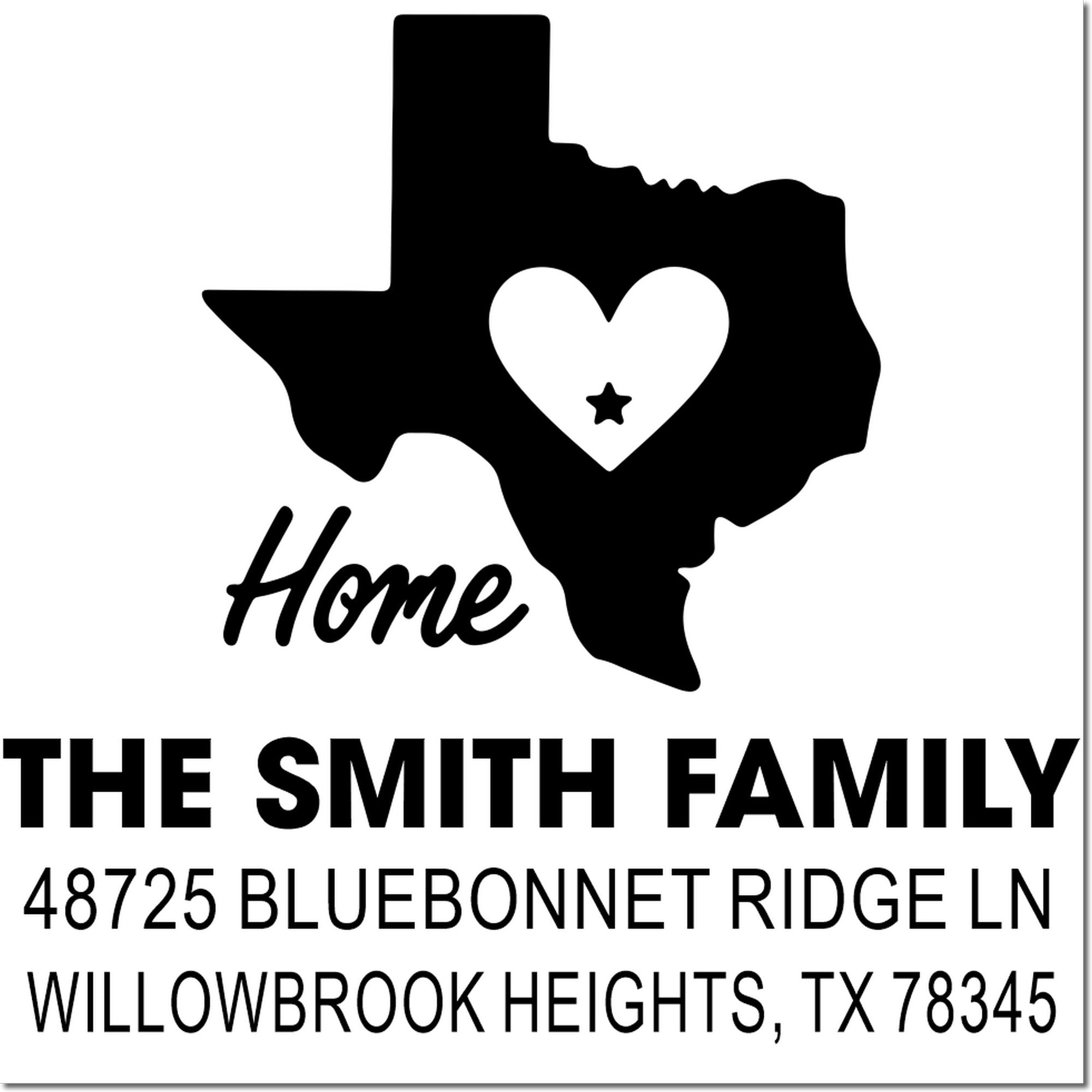 Custom Texas home address rubber stamp for The Smith Family with heart icon and Willowbrook Heights, TX return address.