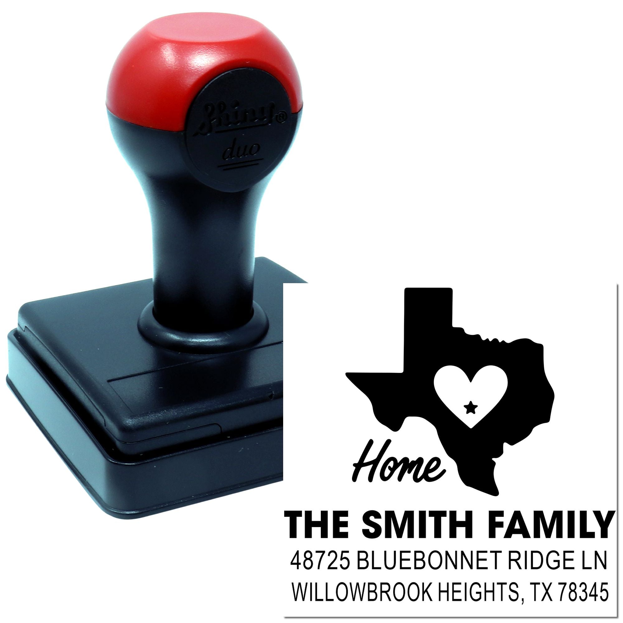 Custom self-inking rubber stamp with Texas home design and address for The Smith Family, Willowbrook Heights, TX.