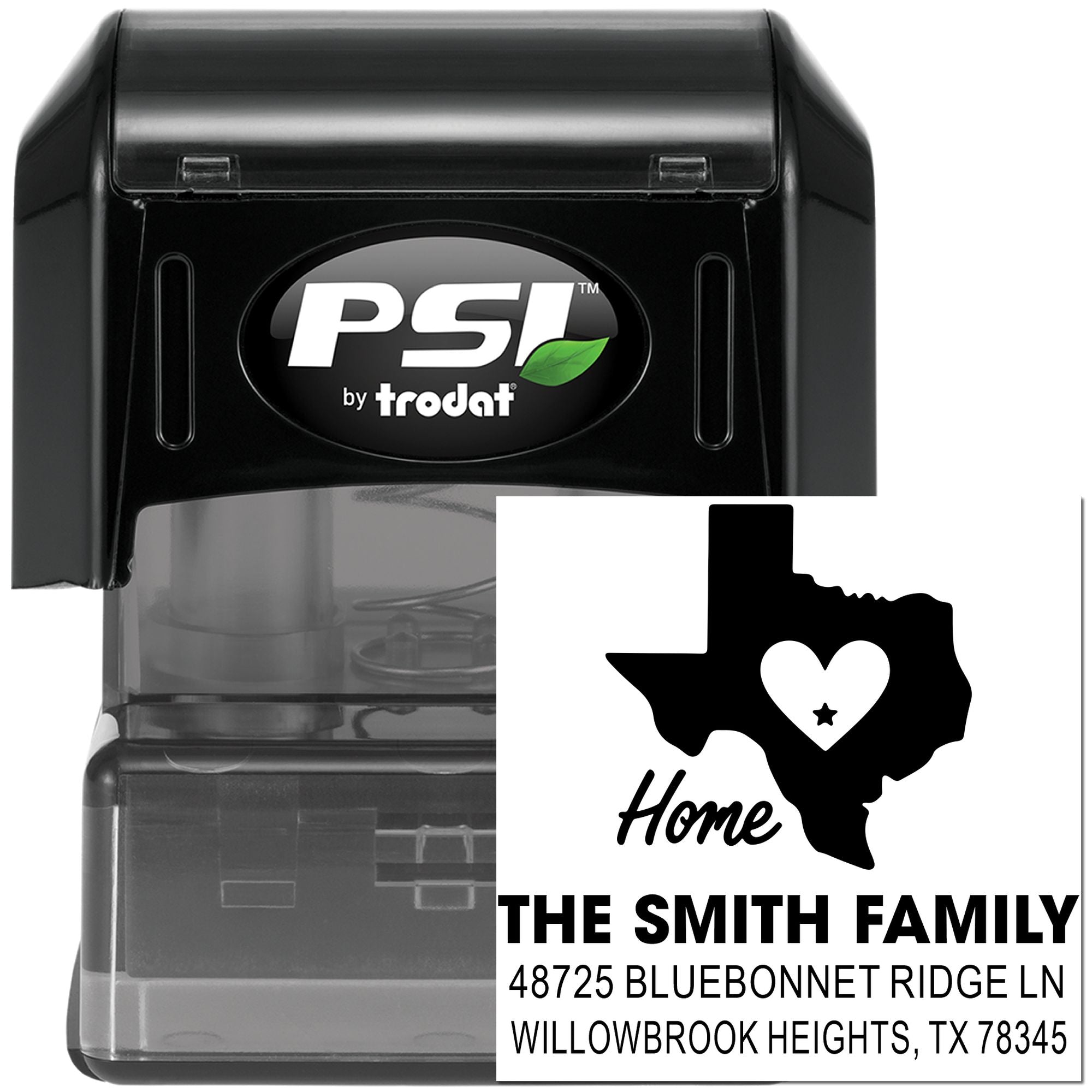 Custom Texas address stamp, self-inking PSI by Trodat, featuring The Smith Family home address design.
