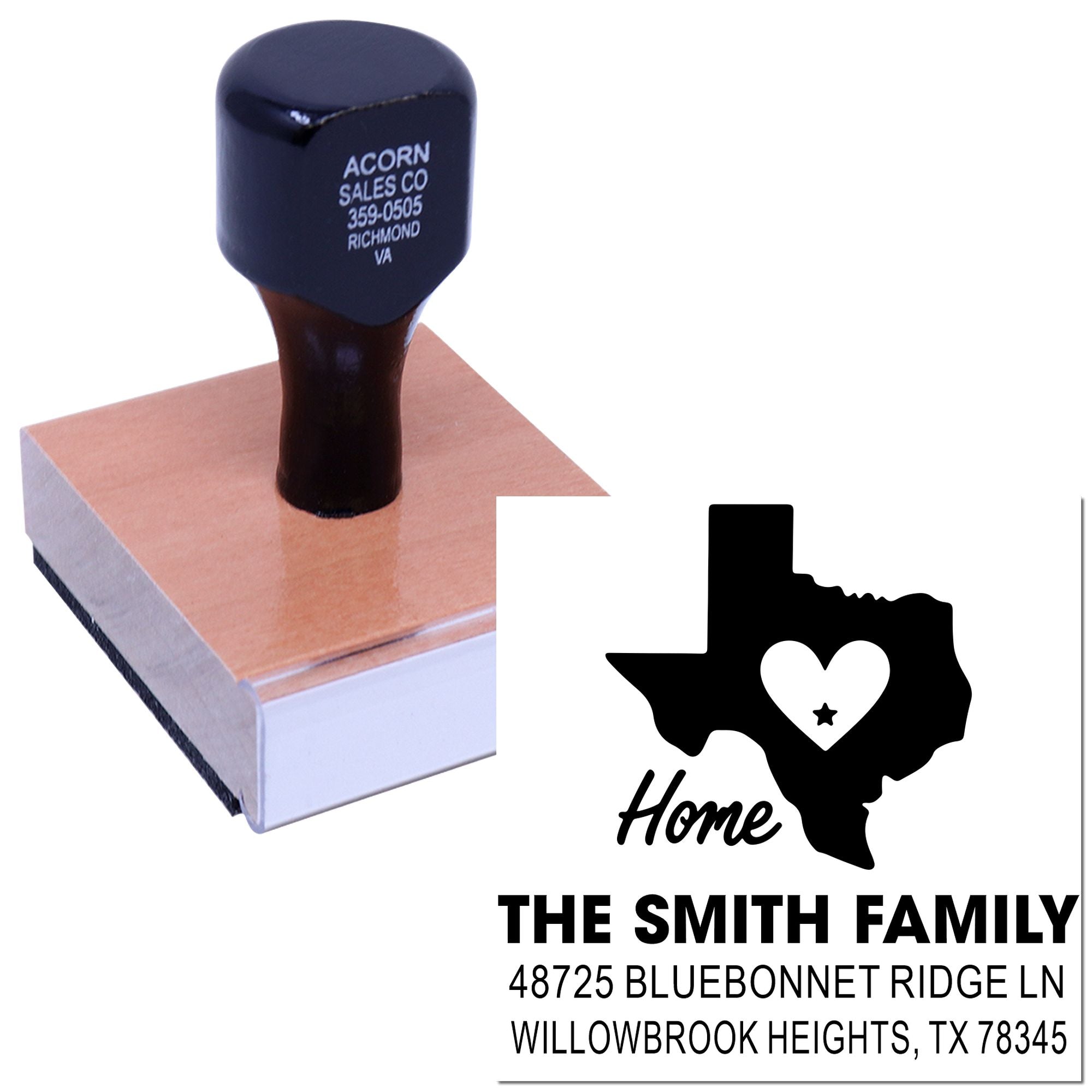 Personalized Texas home address rubber stamp for family mailings, featuring custom name and return address.