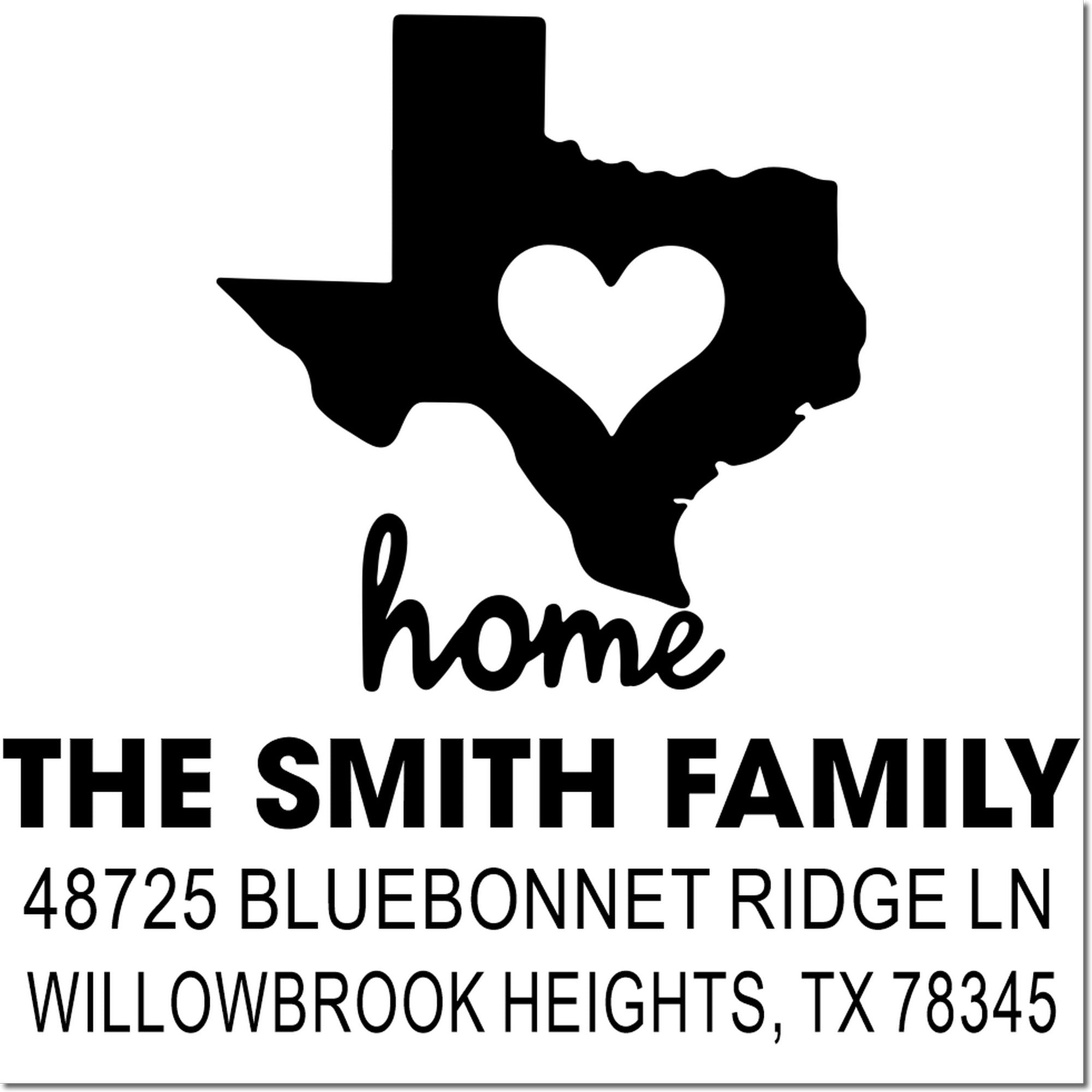 Custom Texas home return address rubber stamp with heart cutout, The Smith Family, Willowbrook Heights, TX 78345.