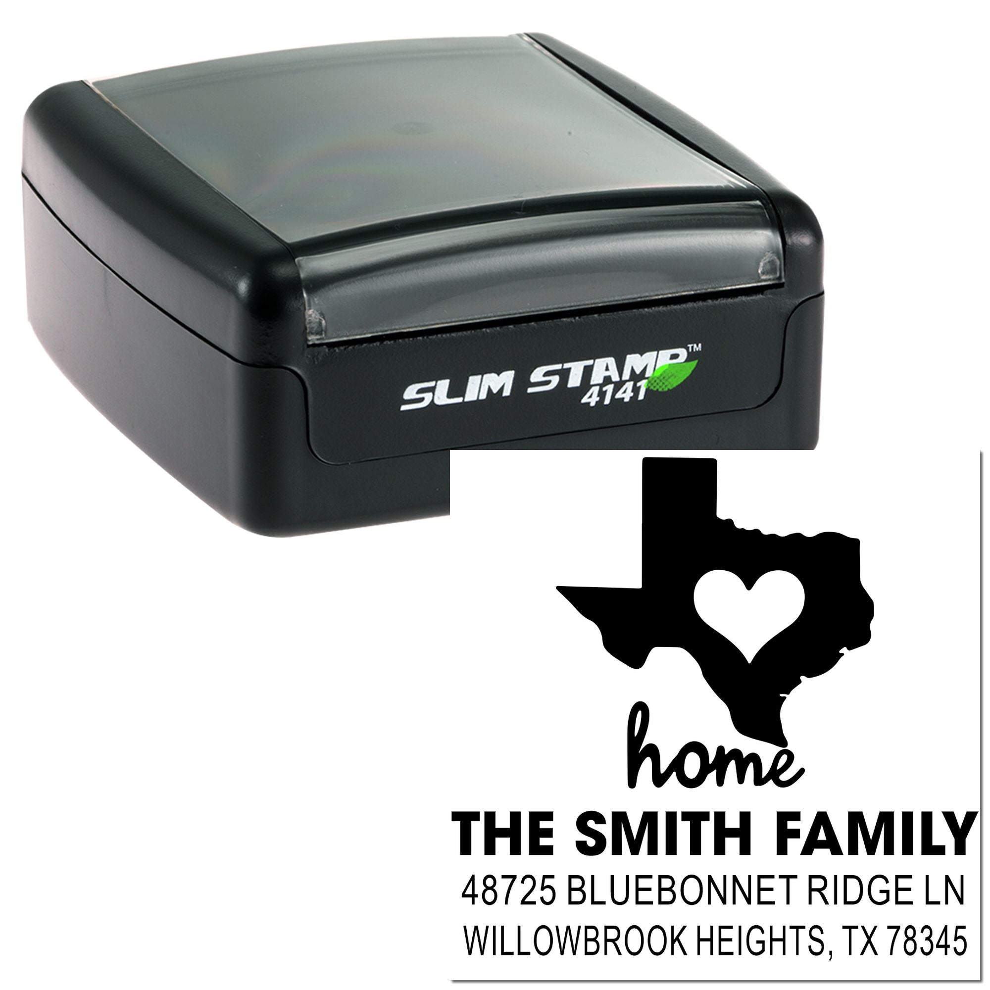 Custom self-inking rubber address stamp with Texas home design for The Smith Family, Willowbrook Heights, TX.