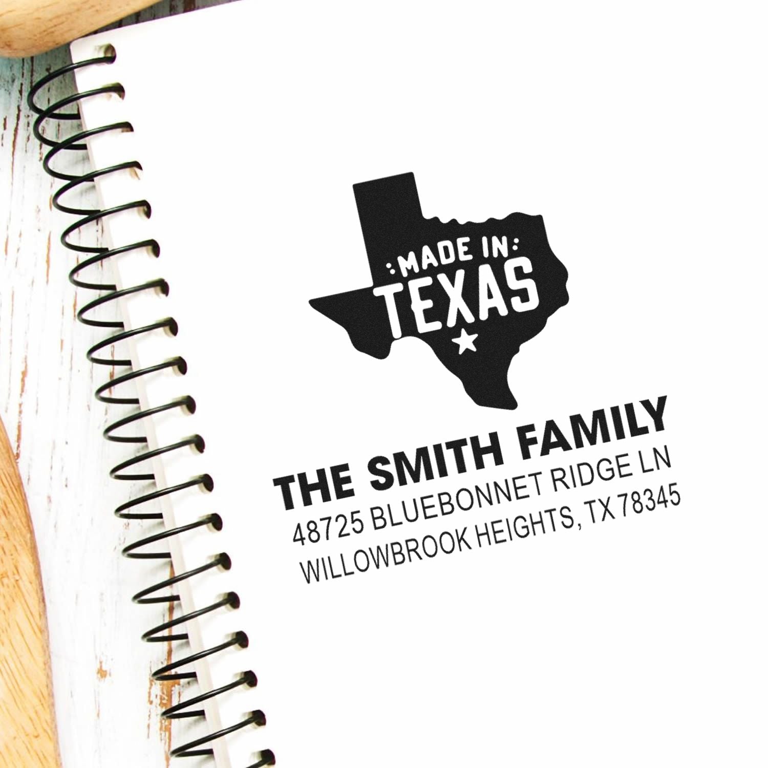 Custom Texas family address rubber stamp design with Made in Texas state icon and personalized home address.