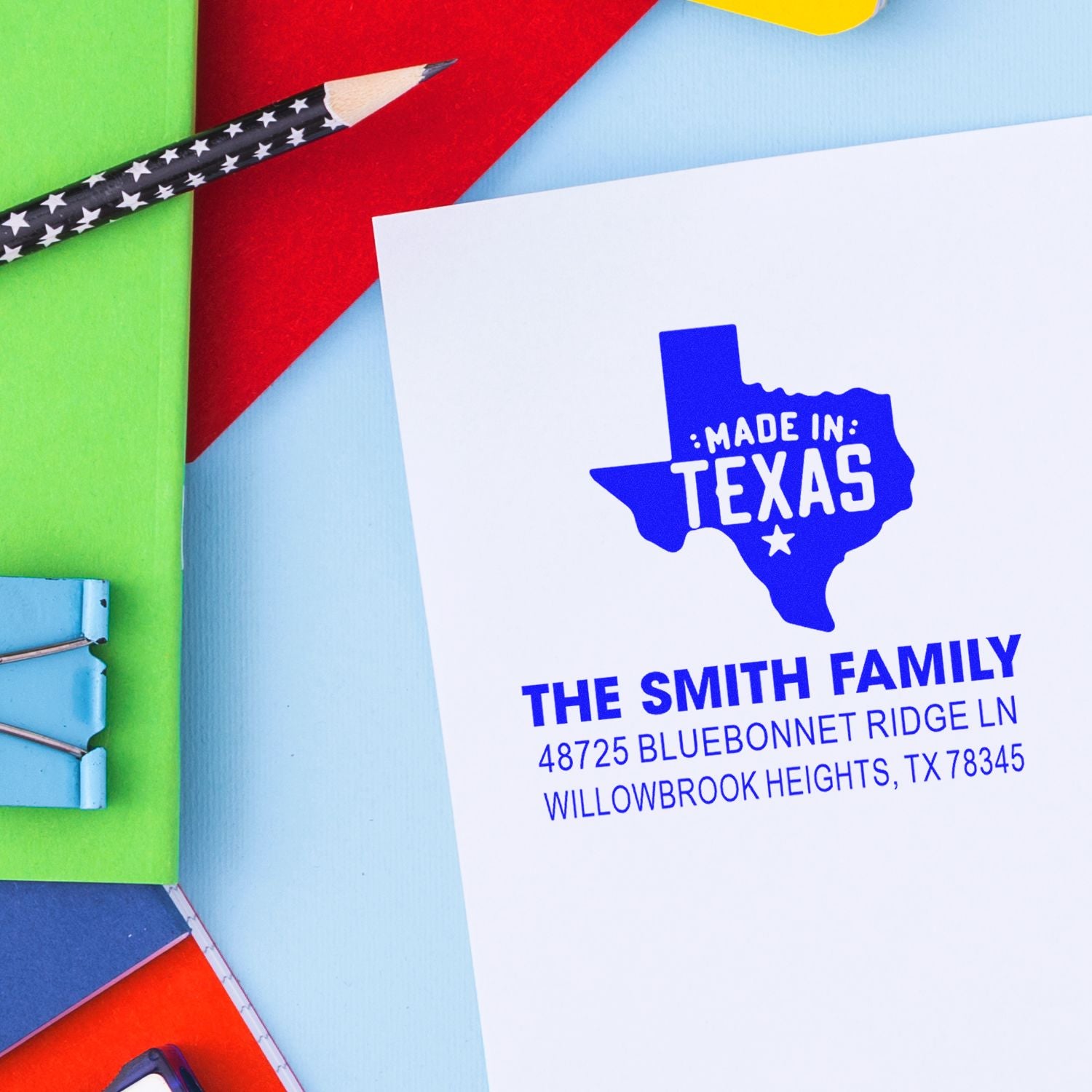 Custom Made in Texas return address rubber stamp for The Smith Family, perfect for personalized stationery.