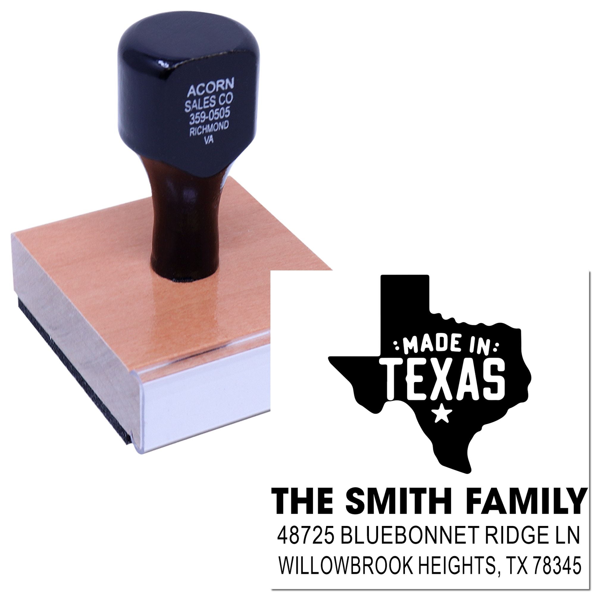 Custom rubber address stamp with Texas Made in Texas design and Smith family return address imprint