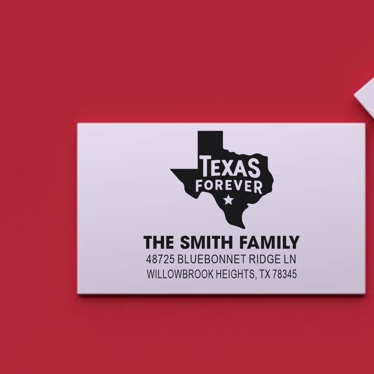 Custom Texas Forever return address rubber stamp with state outline, family name, and address for personalized mailing.