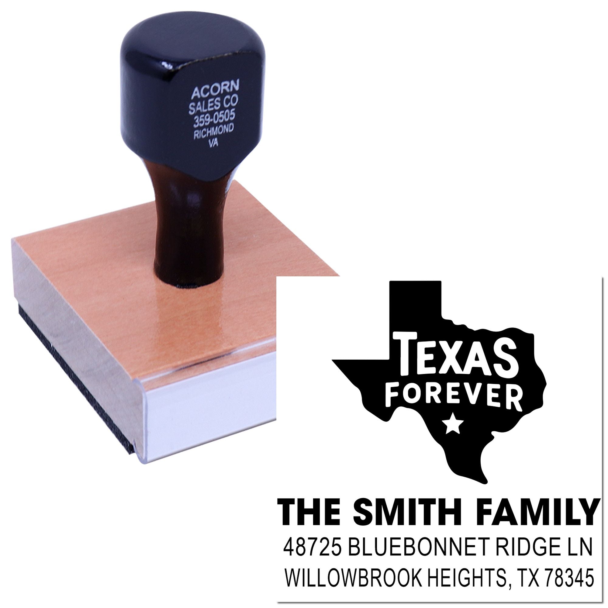 Custom Texas Forever return address rubber stamp for The Smith Family mailing address.